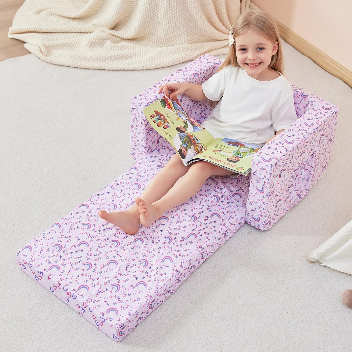 lasoftan Kids Sofa for Toddler, 2-in-1 Toddler Couch Fold Out, Convertible Sofa to Lounger Bed for Girls and Boys, with Removable Cover & Double Pockets - Purple Rainbow