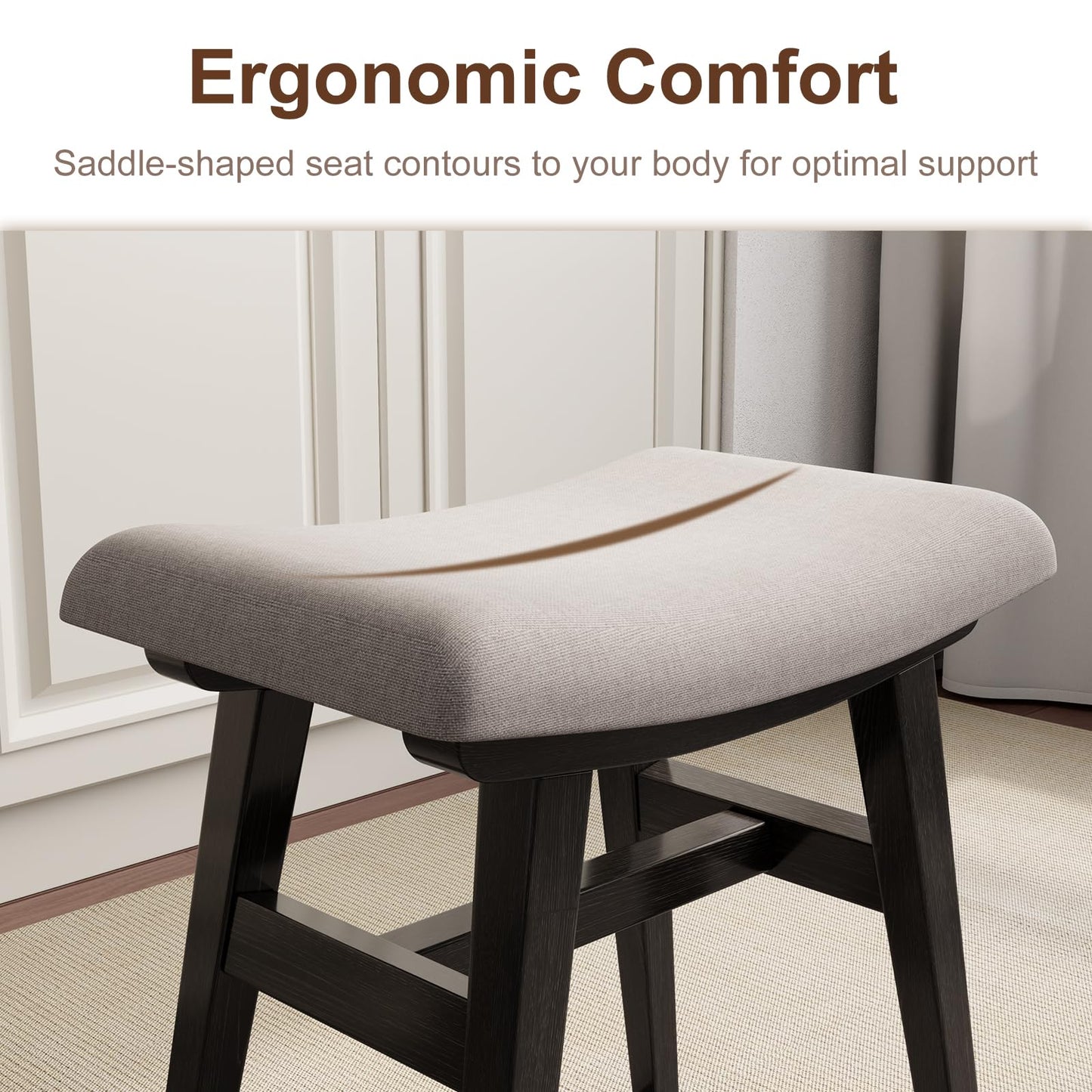 Muwuele Solid Wood Small Vanity Stool with Saddle Cushion, High-Rebound Sponge Seat, Easy Assembly Makeup Chair, Footstool for Bedroom, Entryway, Black