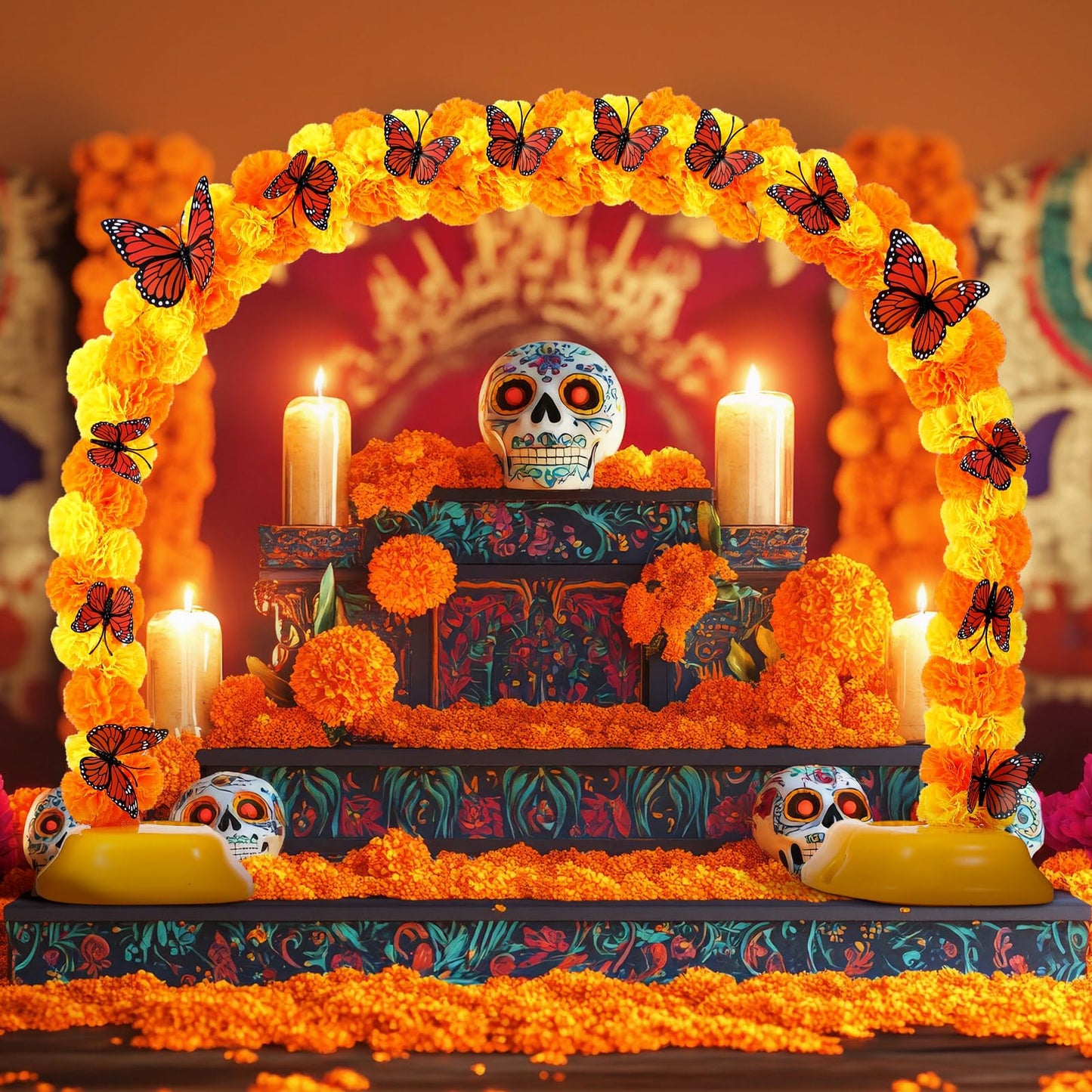 Juinte Day of The Dead Marigold Arch Kit Marigold Flowers Heads Bulk Includes 80 Silk Artificial Flowers 40 Inch Table Arch Kit with 12 Pcs 3D Butterfly for Dia De Los Muertos Indian Diwali Altar DIY