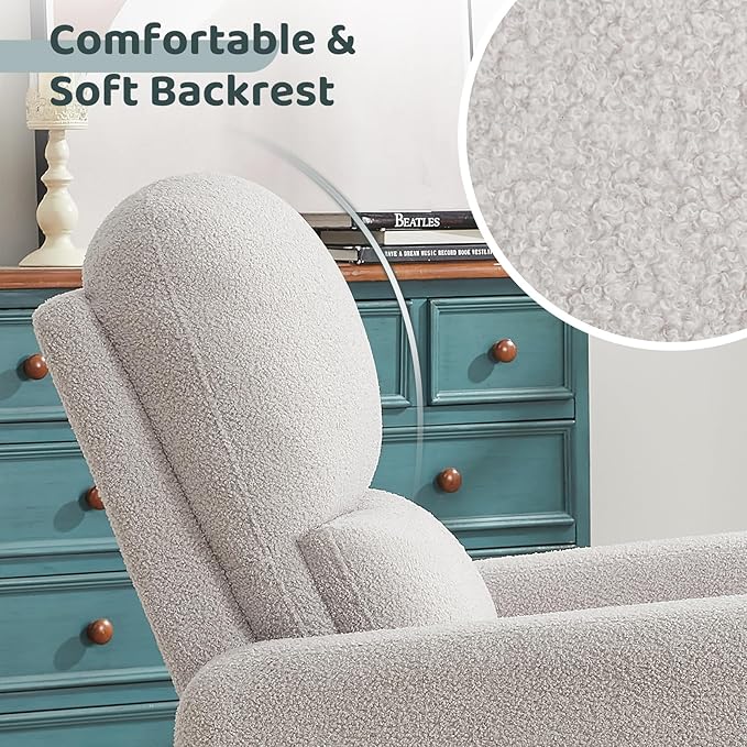 AEMEIOS Swivel Rocker Recliner, Power Recliner Glider with Removable Cushion, Oversized Upholstered Boucle Swivel Reclining Nursery Chairs for Living Room Bedroom, Teddy Grey