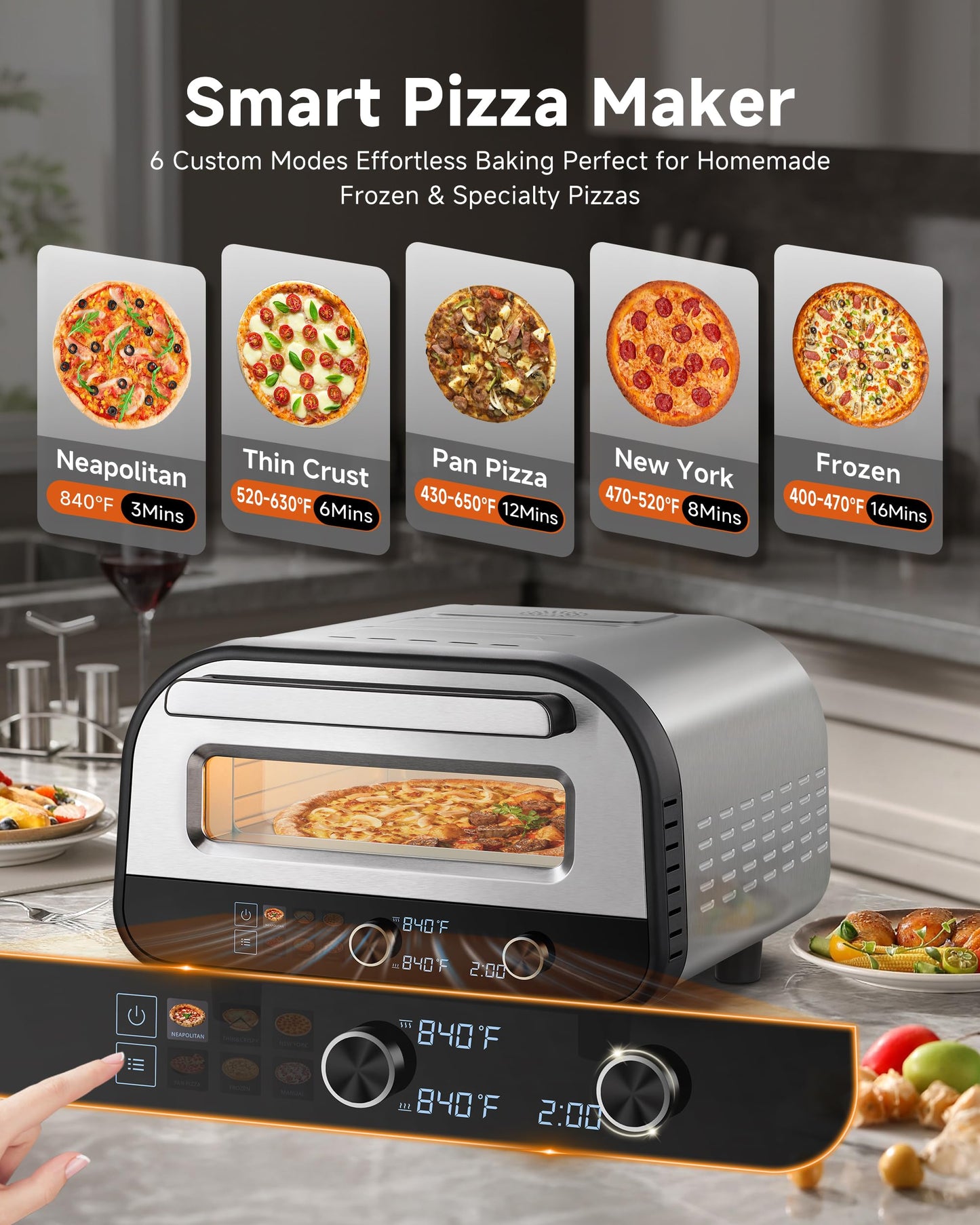 Upgraded indoor Pizza Oven 12 Inch Electric Countertop Pizza Oven with 6 Mode Heats up to 840°F Pizza Maker Pizza Cooker for Home Kitchen, Restaurants, Parties - Stainless Steel