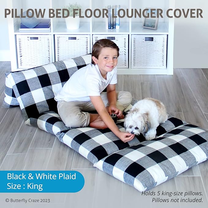 Butterfly Craze Floor Pillow Case - Transforms into Floor Bed & Sleep Mat - Ground Seating & Studio Apartment Essentials - Portable Guest Bed & Folding Mattress Alternative - King, Black/White