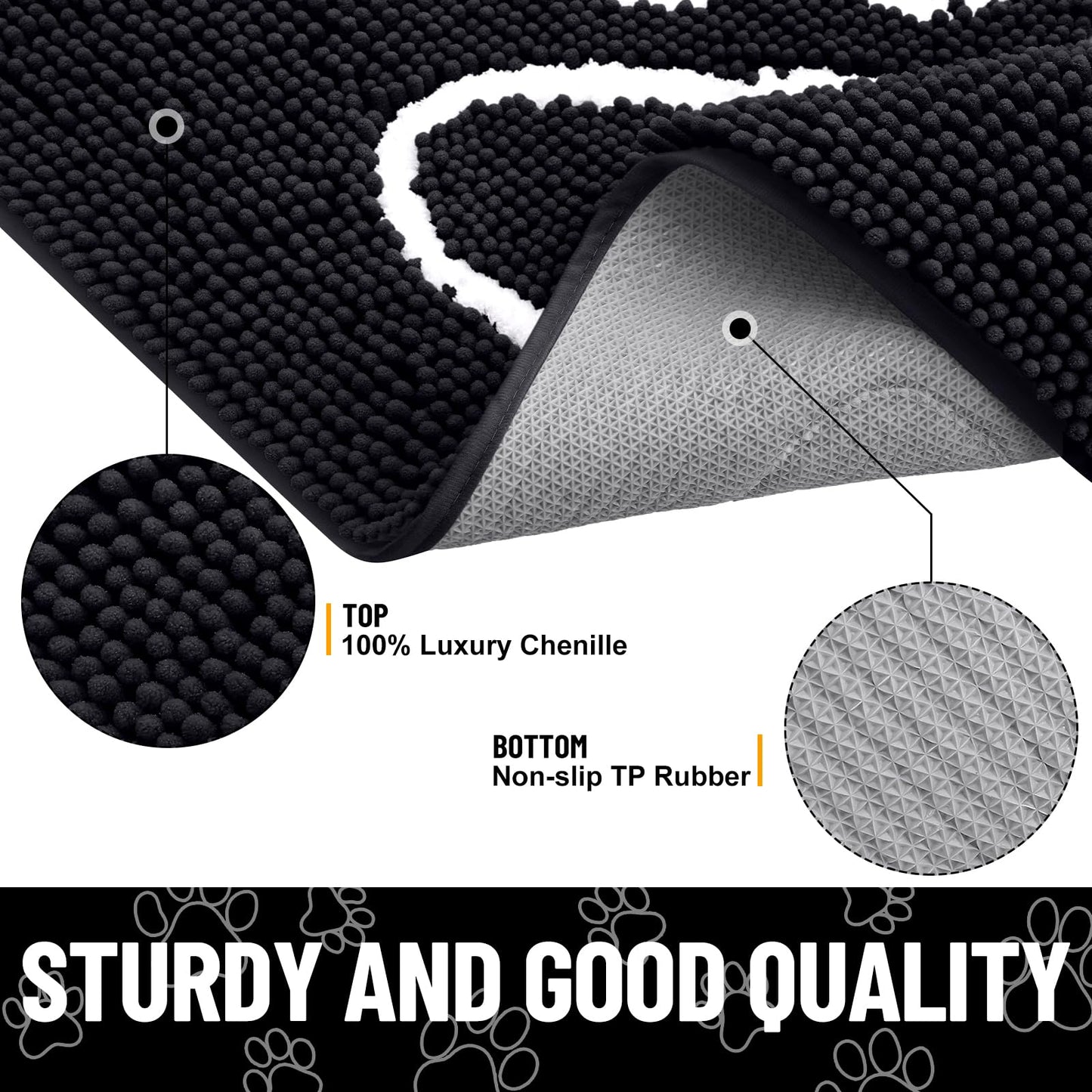 Smiry Dog Door Mat for Muddy Paws, Absorbent Dirt Trapper Non Slip Quick Dry Washable Chenille Mat for Mud Dogs, Entry Rug for Indoor and Outdoor (30x20 Inches, Black)