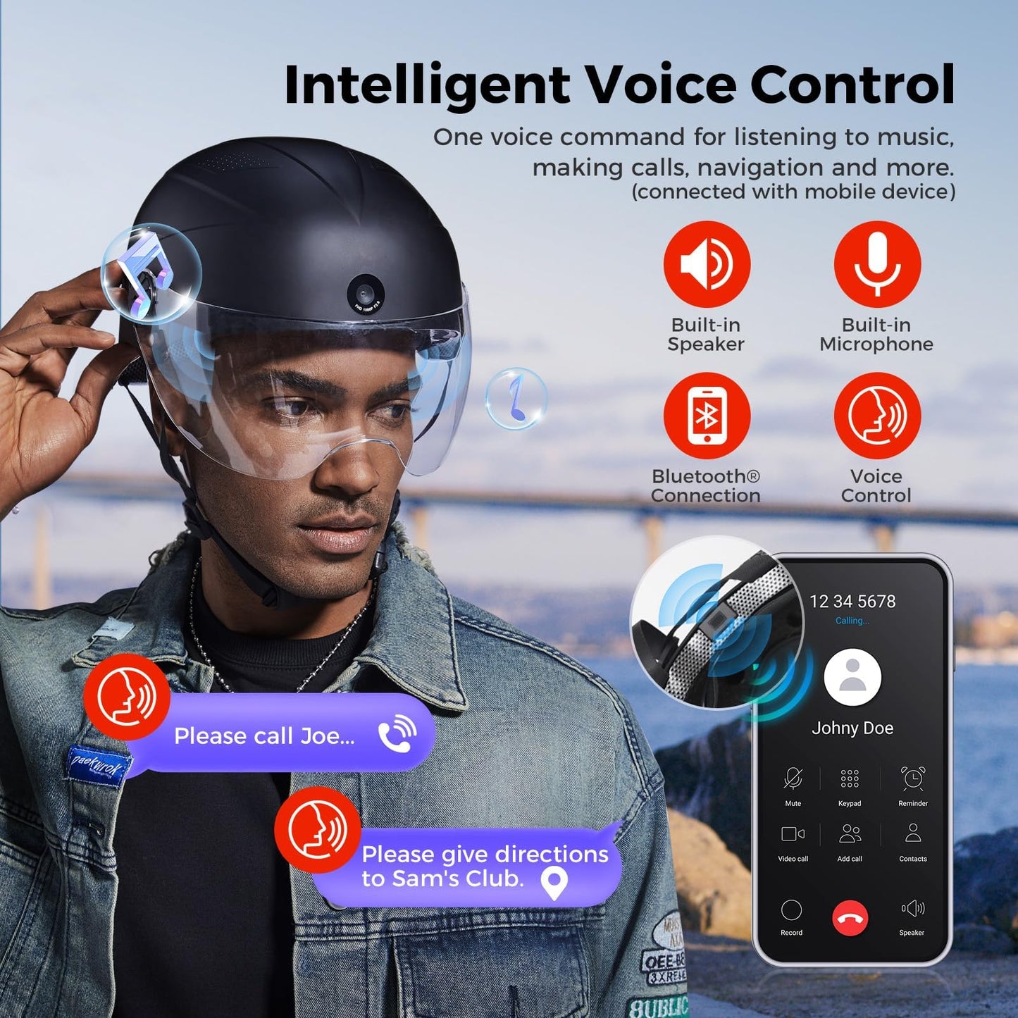 DC Smart Bike Helmet with Cameras Dual HD Front & Rear Video Recorder for Ebike & Electric Scooter, Bluetooth App Control Action Cam Helmet, CPSC Certified (Black)