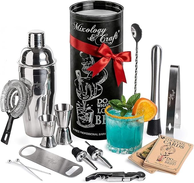 Mixology & Craft 16-Piece Stainless Steel Cocktail Shaker Set, 24 oz Cobbler Martini Shaker, Mixology Bartender Kit with S...