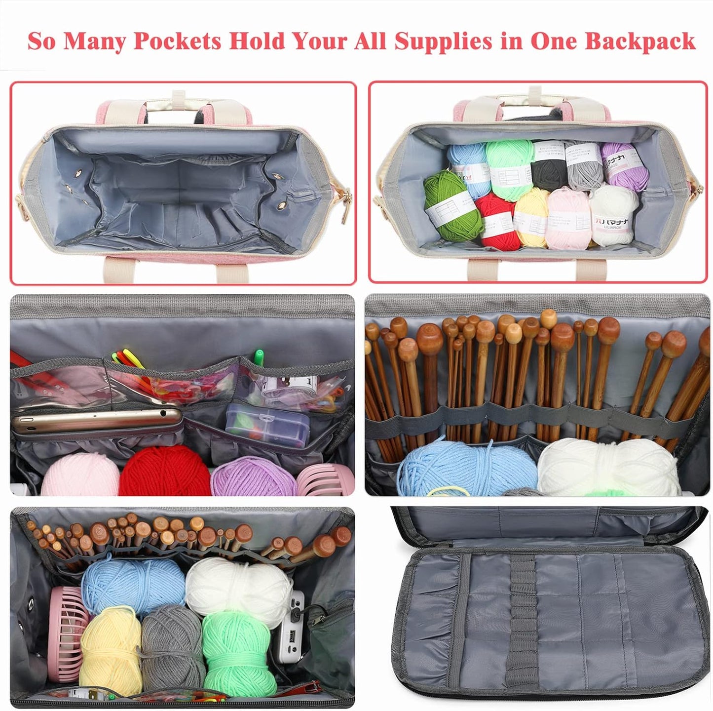 Knitting Bag Backpack,Yarn Storage Organizer Travel Crochet Bag with USB Charging Port,Large Capacity Yarn Storage Tote Bag Yarn Holder Case for Carrying Projects, Knitting Needles, Crochet Hooks Pink
