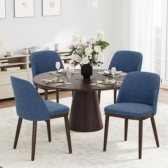 COLAMY Upholstered Dining Chairs Set of 4, Modern Kitchen Chairs with Back, Leather Side Dining Room Chairs with Wood Legs for Kitchen Dining Room Restaurant,Blue