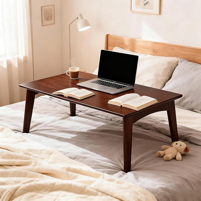 JIKUGO Japanese Floor Table No Assembly Required Bamboo Folding Walnut Coffee Table Bedroom 26x15.8x11.8in Furniture Low Tea Table for Sitting on The Floor Chestnut Large