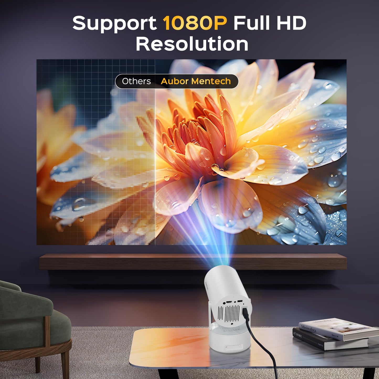 Mini Projector With Wifi & Bluetooth, Auto Keystone & Electric Focus, 270 Rotation Rechargeable Portable Outdoor Projector, Nati