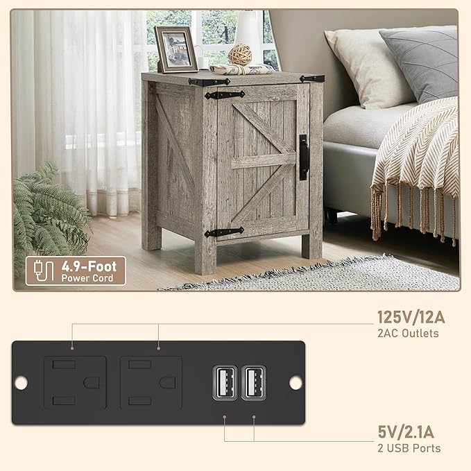 OKD Nightstand with Charging Station, 18 Inch Farmhouse End Table with Barn Door and Adjustable Storage Shelf, Rustic Wood Sofa Side Table w/Magnetic Door for Living Room, Bedroom, Light Rustic Oak