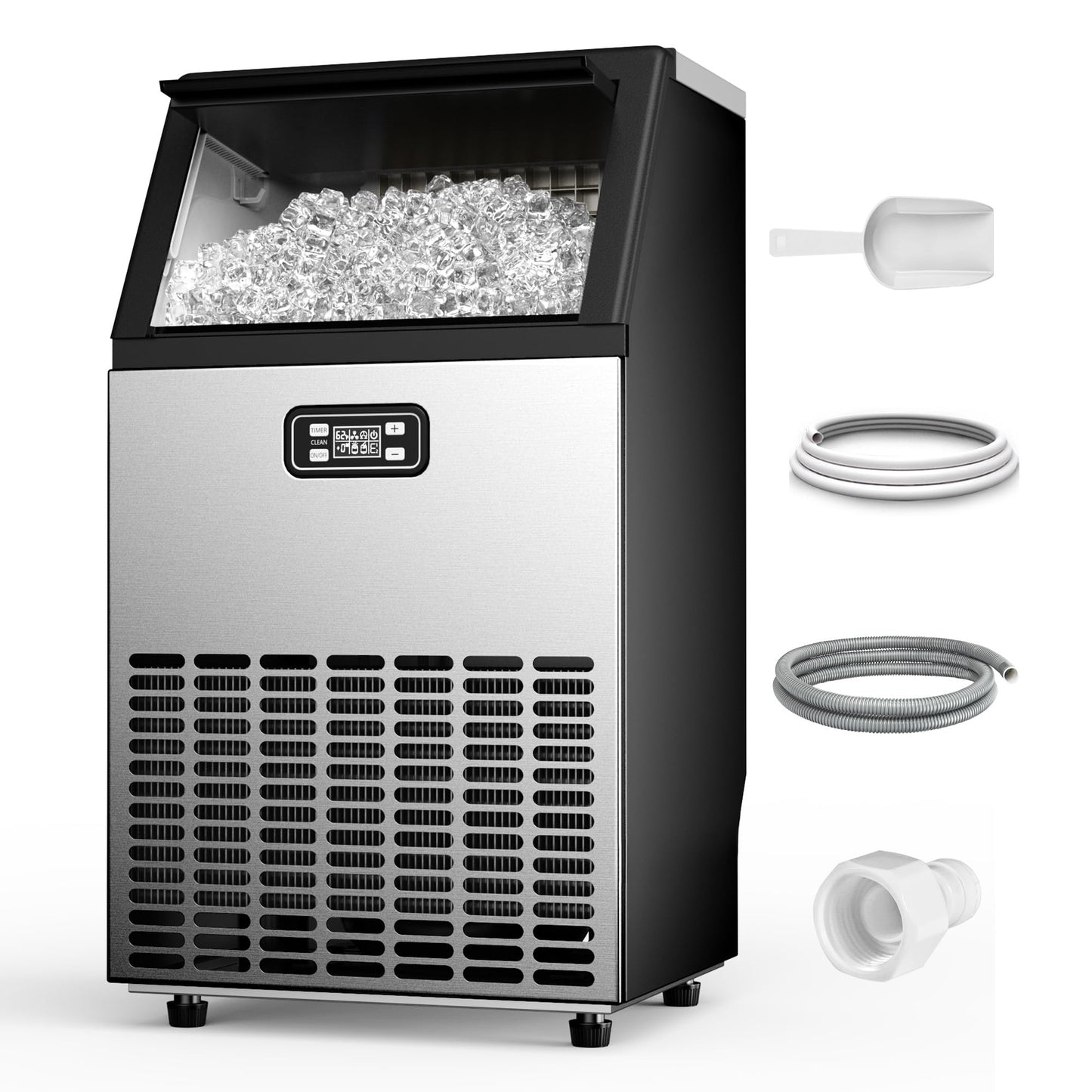 Feelfunn Commercial Ice Maker Machine - 100LBS/24H, 33lbs Storage Capacity, Stainless Steel Freestanding & Under Counter Ice Maker with Self-Cleaning, 24H Timer, Ideal for Home Bar Office Restaurant