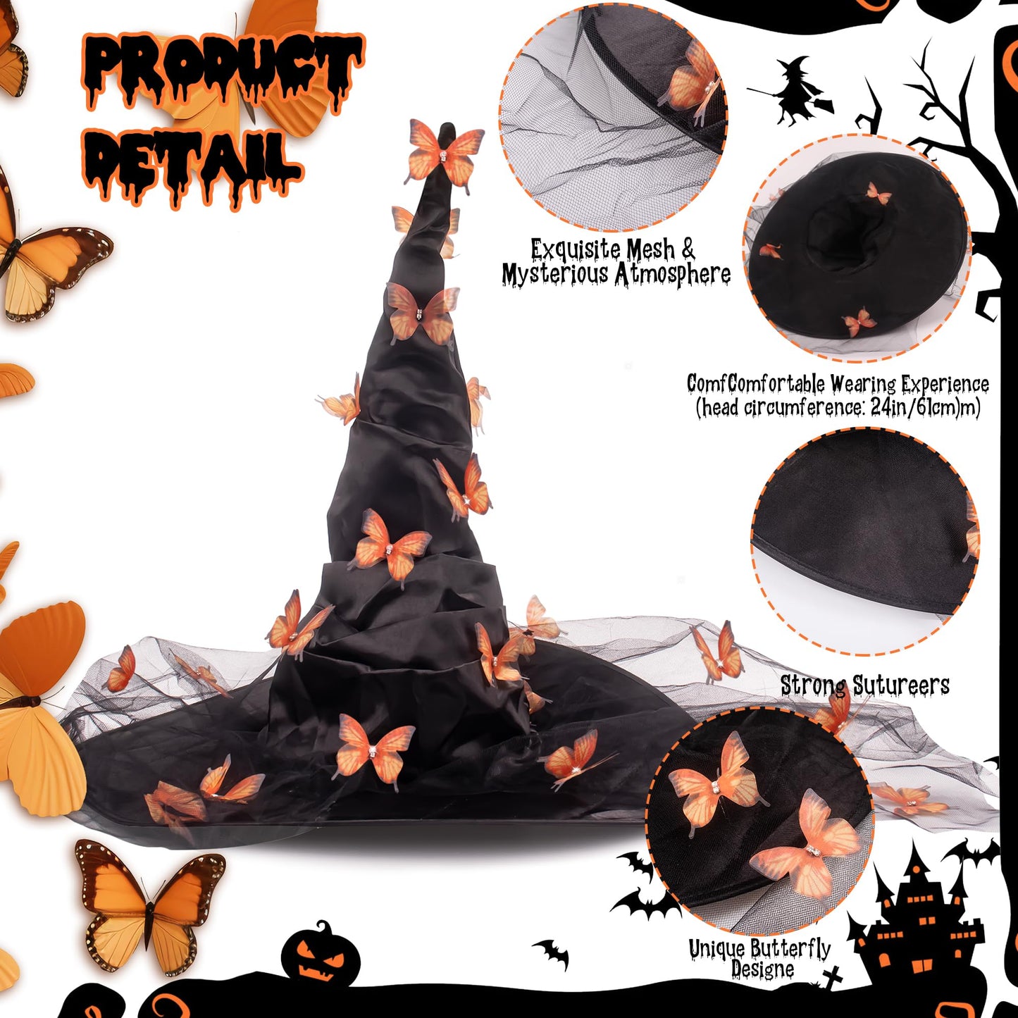 MGupzao Halloween Witch Hat - Halloween Costumes Outfit for Women, Witches hats for Women Adult Attached Butterfly and Veils, Cosplay Costume Halloween Party Favors