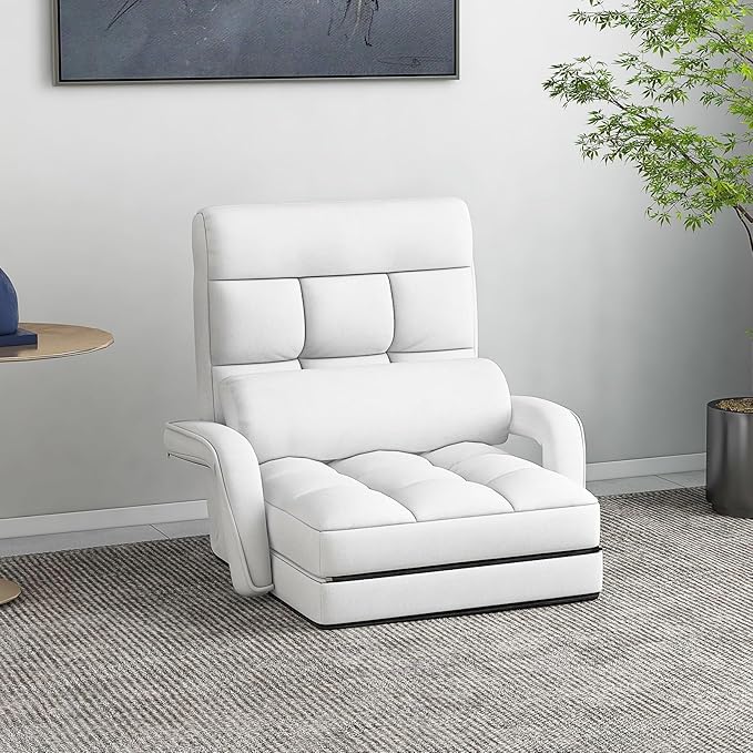 KOMFOTT Foldable Floor Lazy Sofa Chair, Indoor Chaise Lounge Chair with 6 Positions Adjustable Backrest, Detachable Seat Cushion, Armrests & Pillow, Cozy Floor Chair for Living Room, Bedroom (White)