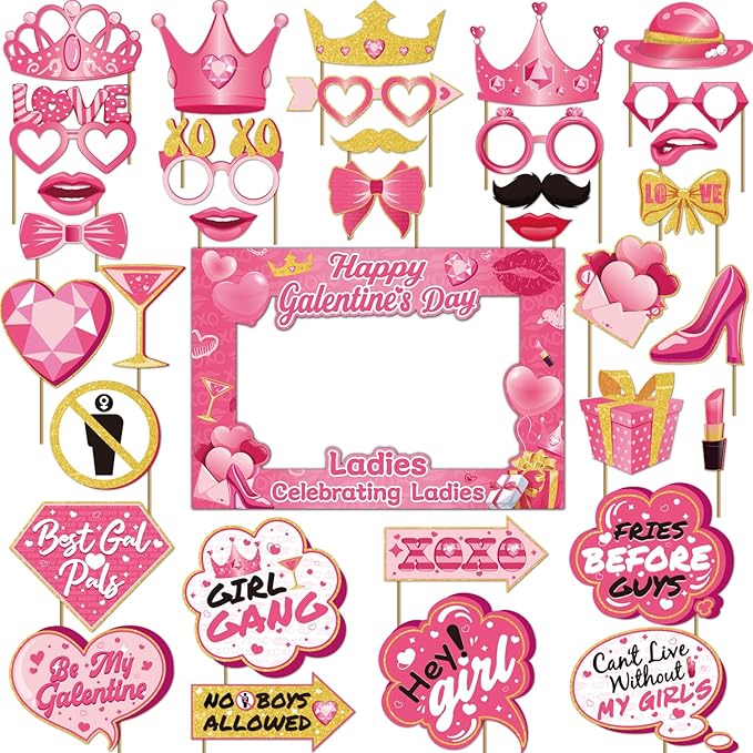 35 Pcs Galentines Photo Booth Props with Photo Frame, Galentines Day Photo Booth Props, Galentines Day Decorations Happy G...