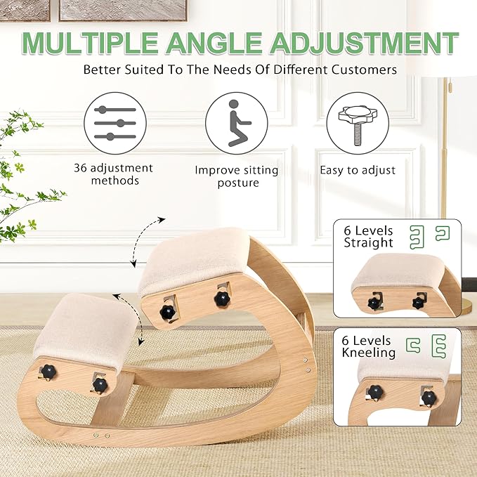 Predawn Adjustable Ergonomic Kneeling Chair – Custom Height Rocking Posture Stool with Thick Cushions, Solid Wood Frame, Knee Support Seat for Adults, Office or Meditation Use(White Oak)