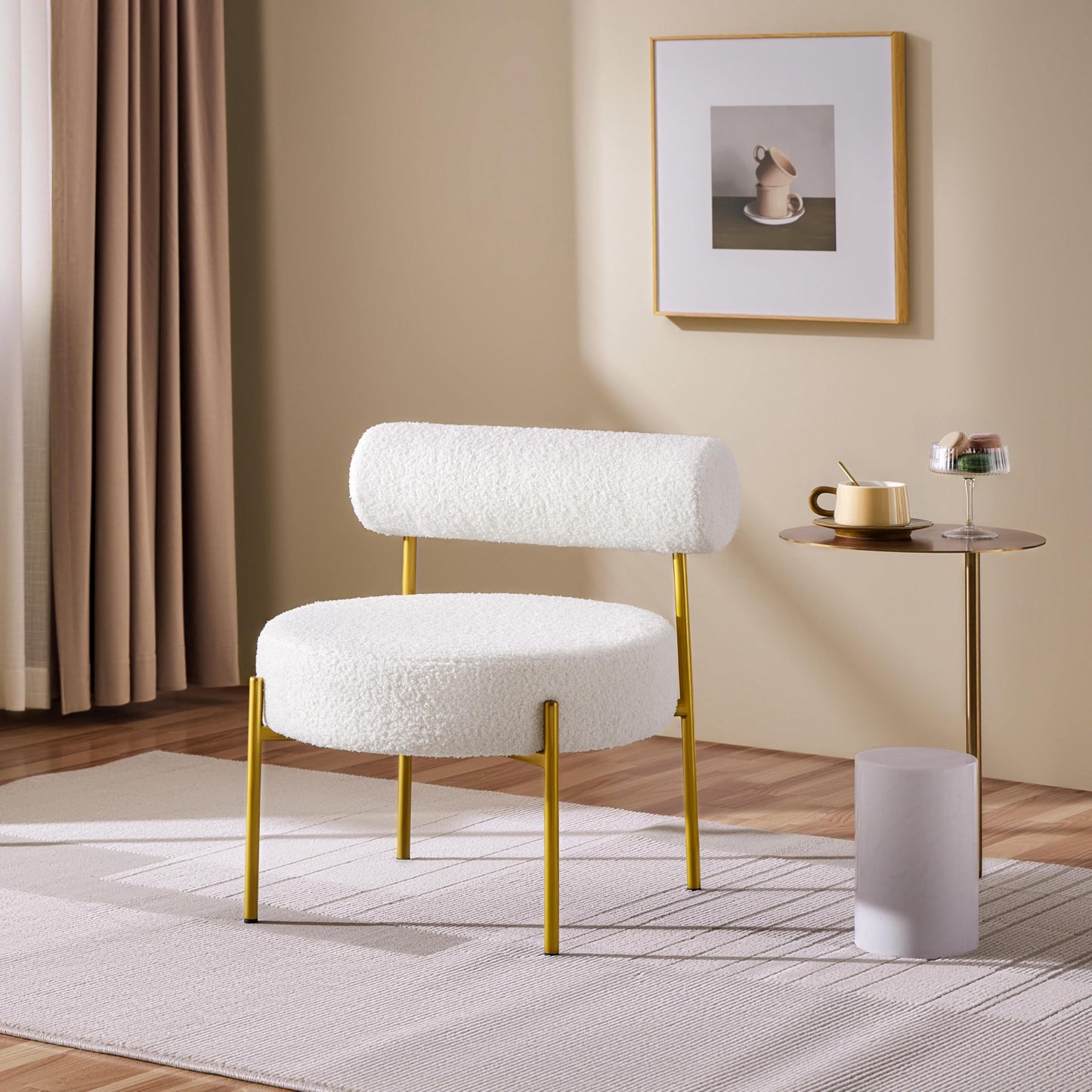 Topeakmart Modern Vanity Chair, Boucle Fabric Accent Chair with Gold Metal Legs for Living Room Makeup Room, White