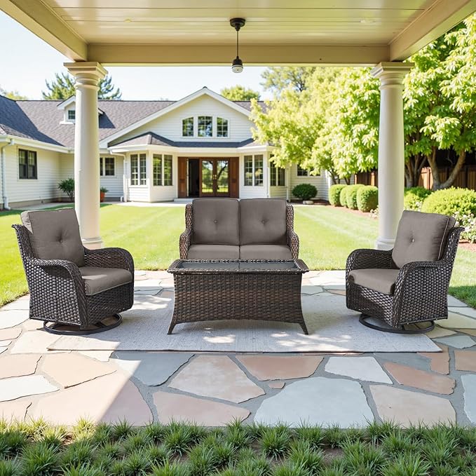 Belord 4 Piece Patio Furniture Set - Outdoor Glider Bench with Swivel Rocker Chairs and Coffee Table, High Back Small Outdoor Conversation Furniture Sets for Deck Sunroom Balcony Backyard