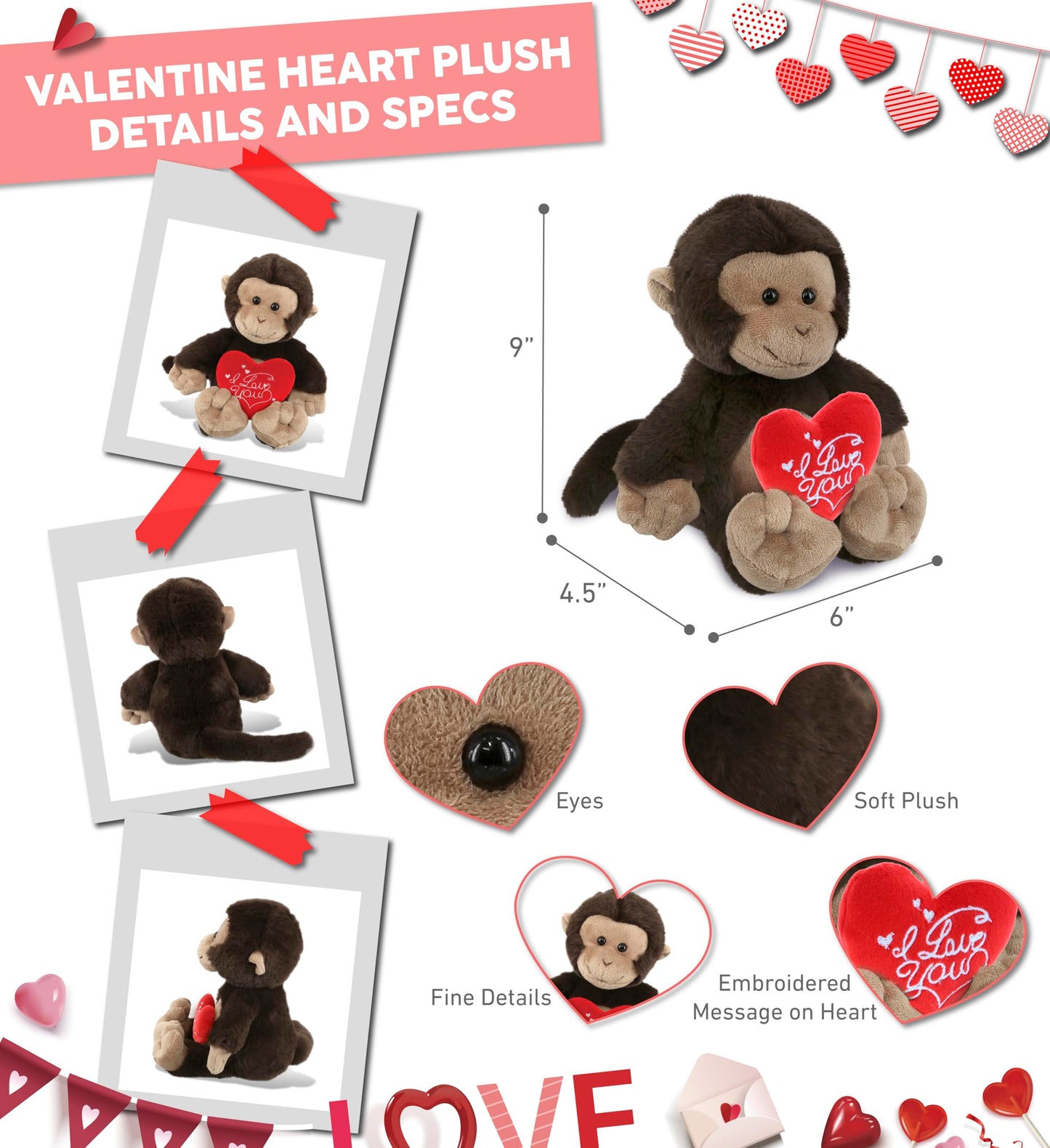 DolliBu I Love You Valentine Plush Monkey - Cute Stuffed Animal with Red Heart and Name Personalization Gift for Valentines Day, Birthday, Anniversary, Romantic Date - 9 Inches