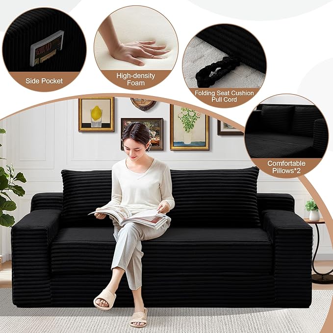 73" Convertible Sofa Bed, 2 in 1 Folding Couch Bed, Boneless Couch in a Box, Cloud Loveseat Sleeper, Fold Out Comfy Floor Futon Sofa with 2 Pillows for Living Room Bedroom, No Assembly (Black, 73")