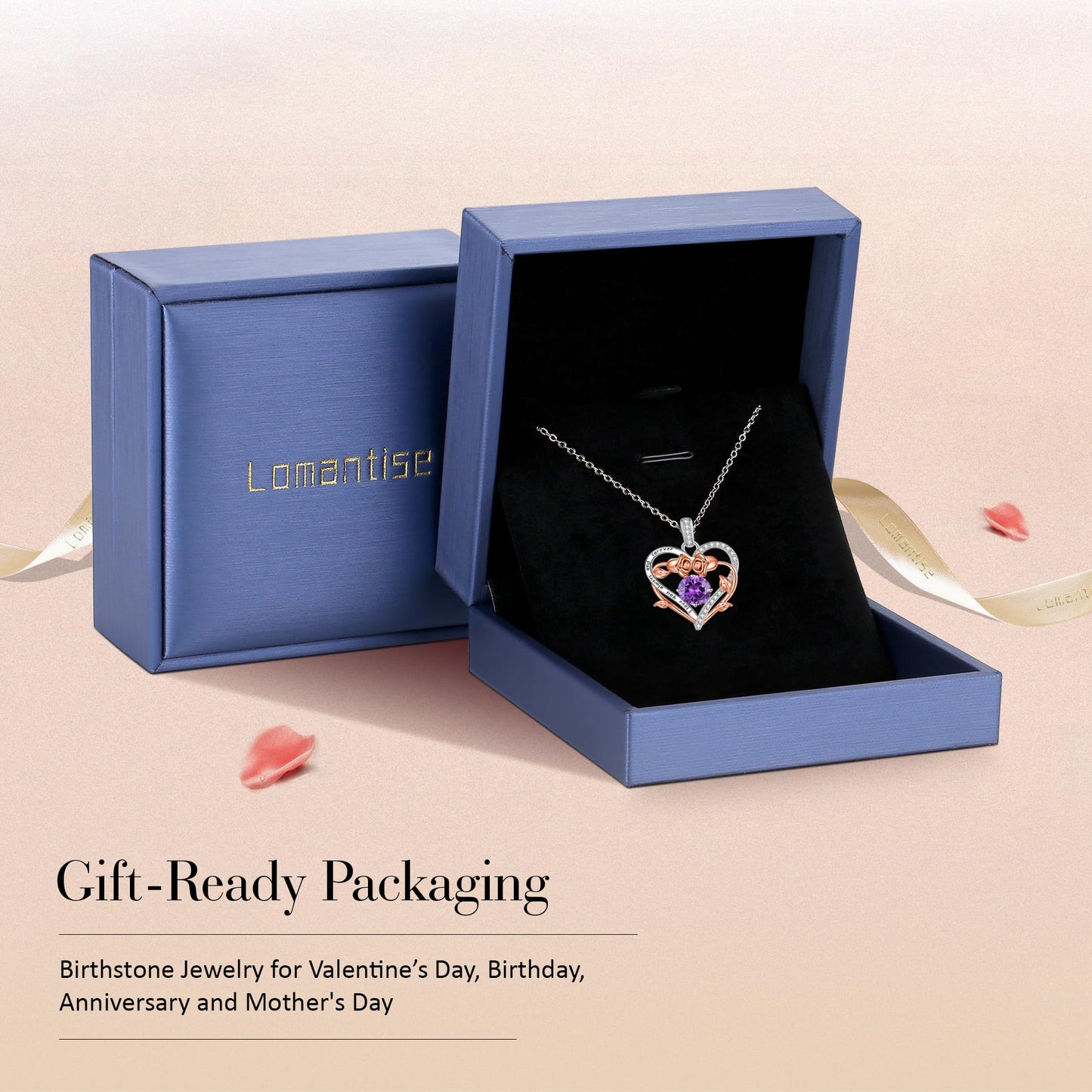 Lomantise Heart Necklaces for Women, 925 Sterling Silver Rose Heart Birthstone Necklace Christmas Anniversary Birthday Jewelry Gifts for Women Wife Mom Girlfriend Her