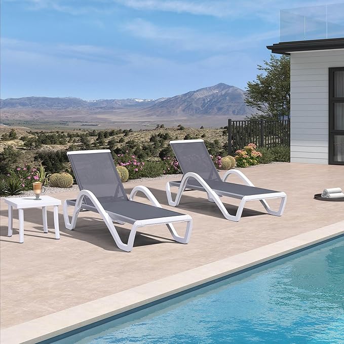 PURPLE LEAF Patio Chaise Lounge Chair Set of 3 Outside Aluminum Plastic Stackable Tanning Chairs with Armrests and Side Table for Pool Sunbathing Beach Deck Outdoor Lounger, Grey