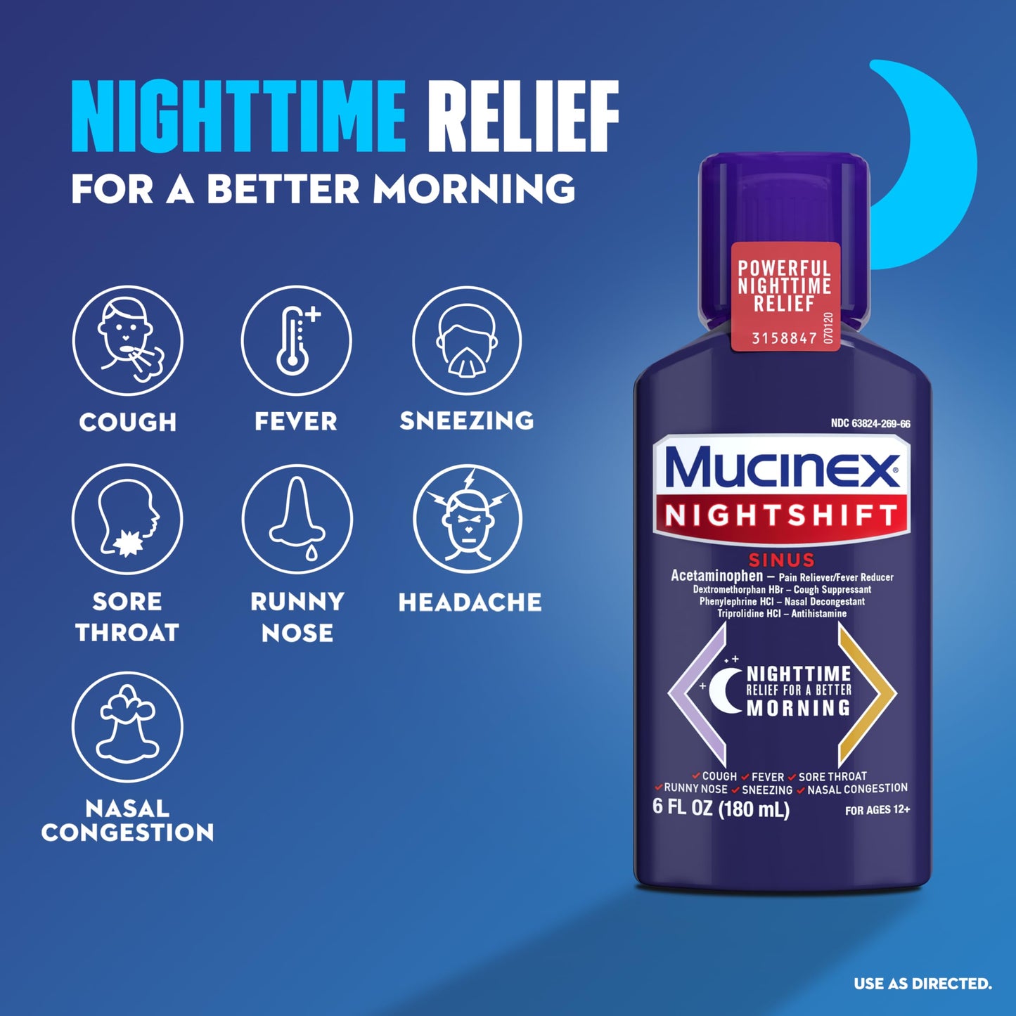 Mucinex Maximum Strength Sinus-Max Severe Congestion & Pain + Nightshift Sinus Liquid, Cold and Flu Medicine for Adults, Over-The-Counter Medication for Multi-Symptom Relief, 2x6 Fl Oz