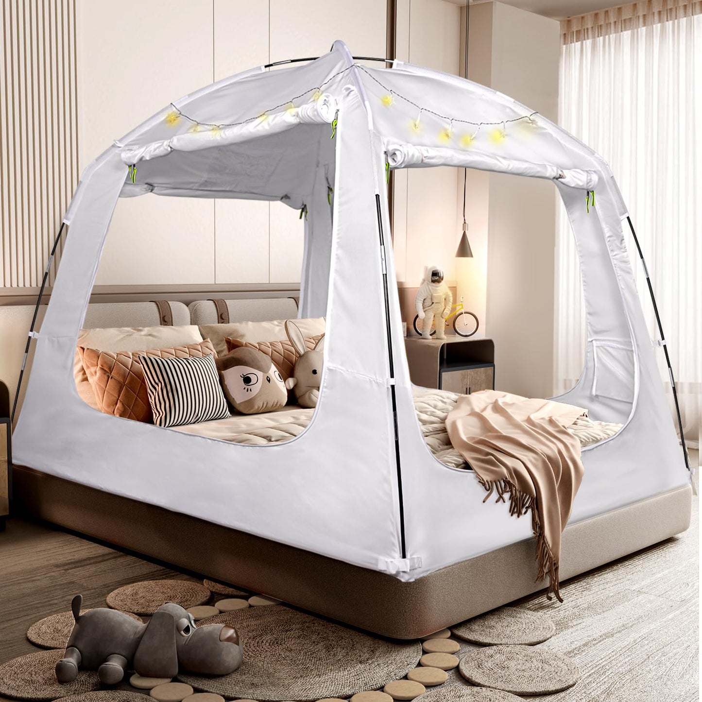 RIYDH Bed Tent Bed Canopy Full Size for Kid and Adults 100% Breathable Tents 4 Doors 80% Blackout - Indoor Portable Sleeping Tents Privacy Large Space with String Light