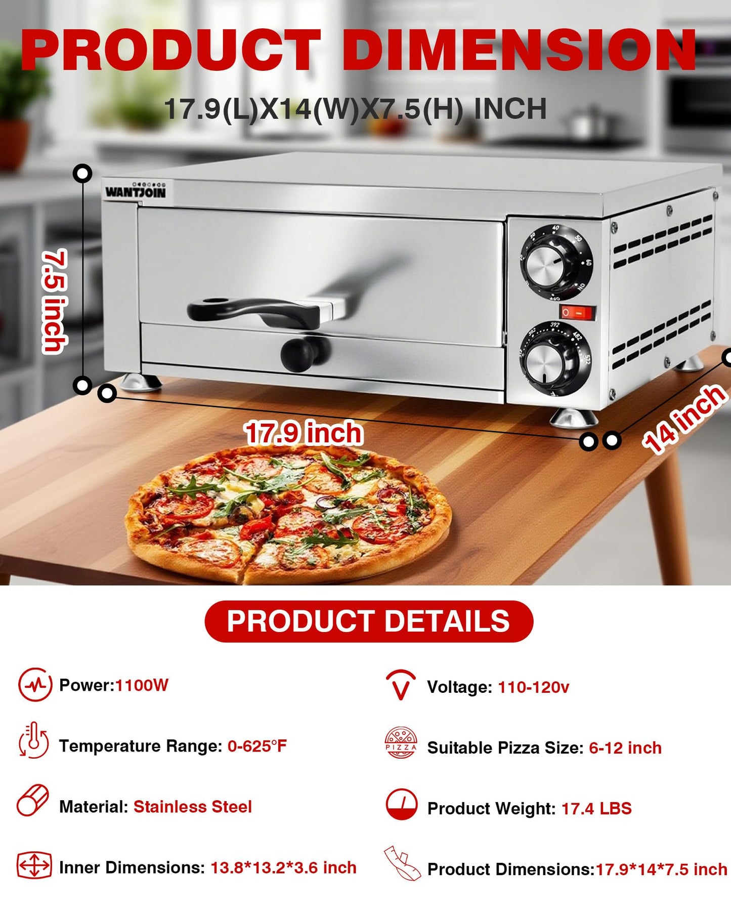 Wantjoin Pizza Oven Indoor - Electric Pizza Ovens Countertop Stainless Steel Commercial Pizza Maker Fits 12" Pizzas, With Timer Crumb Tray, 1100W, For Home, Bars, Food Trucks, Silver