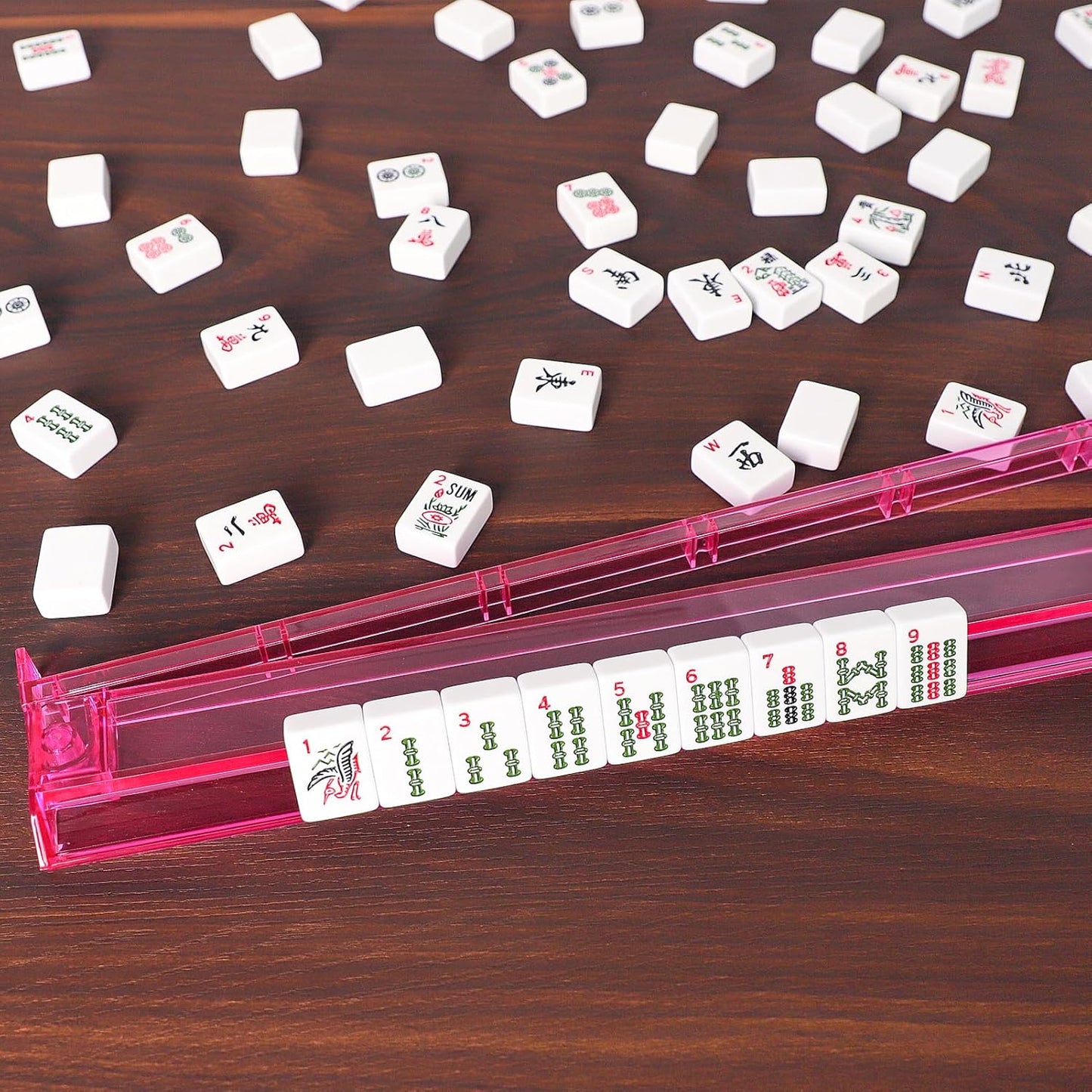 ZGME American Mahjong Set,166 White Tiles with Red Bag and Accessories,4 All-in-One Mahjong Racks with Pushers,Complete Western Mahjong Set