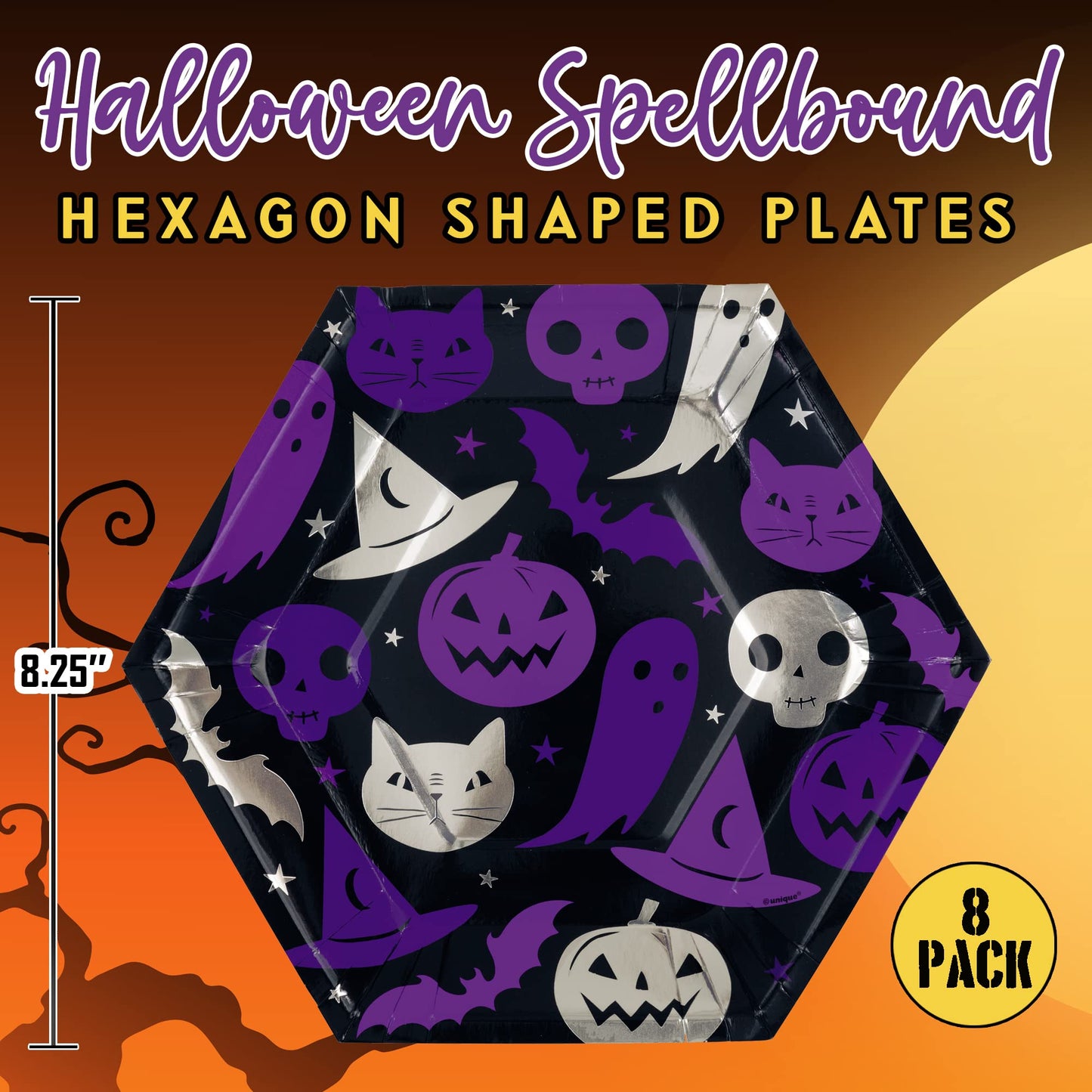 Unique Halloween Purple Spellbound Disposable Dinnerware Bundle for 8 - Dinner & Dessert Plates, 20 Luncheon Napkins - Black Silver Paper Decorations