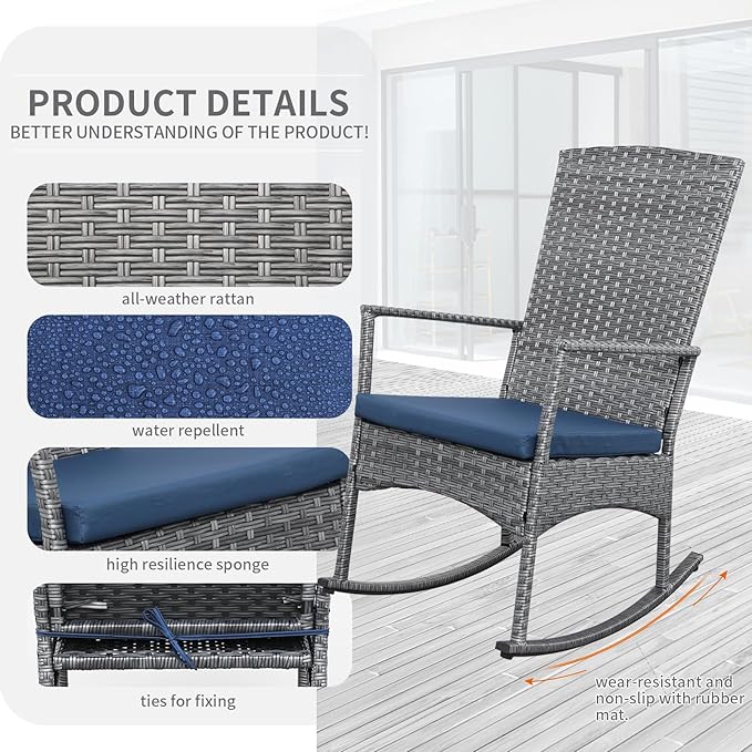 Oasishine Rocking Chair Outdoor 3 Pieces High-Backed Patio Rocking Chairs Bistro Table and Chairs Set of 2, Navy Blue