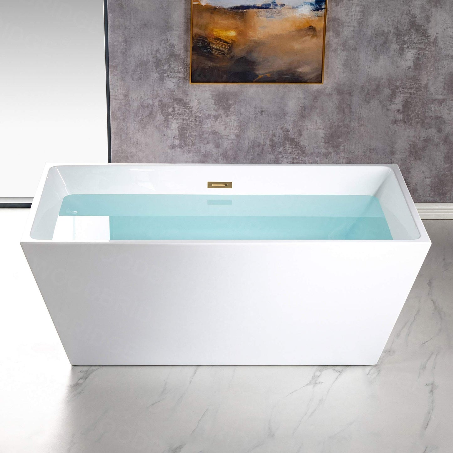 WOODBRIDGE 59" Acrylic Freestanding Bathtub Contemporary Soaking White Tub with Brushed Gold Overflow and Drain，BTA1412-BG-Drain&O