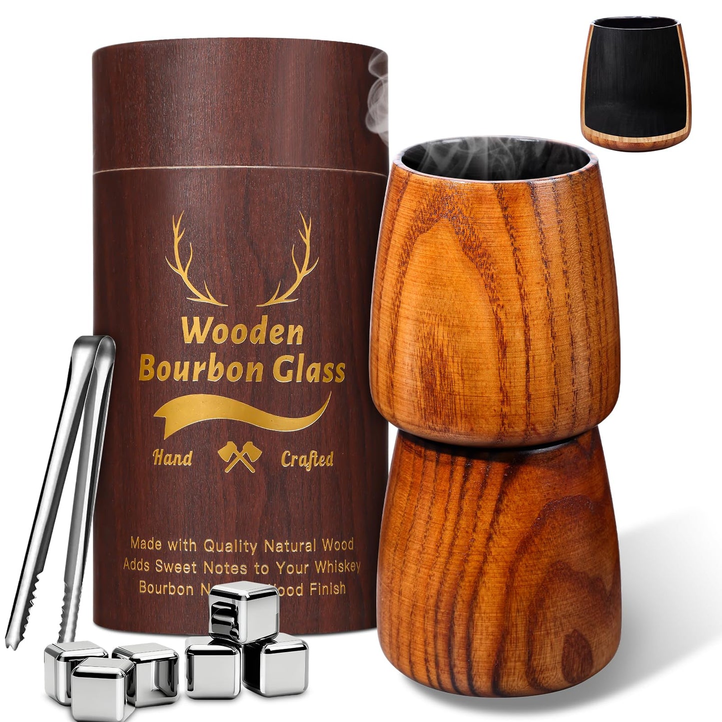 Wooden Whiskey Glass Set – 9oz Handcrafted Wooden Bourbon Tumblers with 6 Stones & A Stainless Steel Ice Tongs, Natural Charred Finish – Perfect Whiskey Gift for Dad Husband Brother Boyfriend