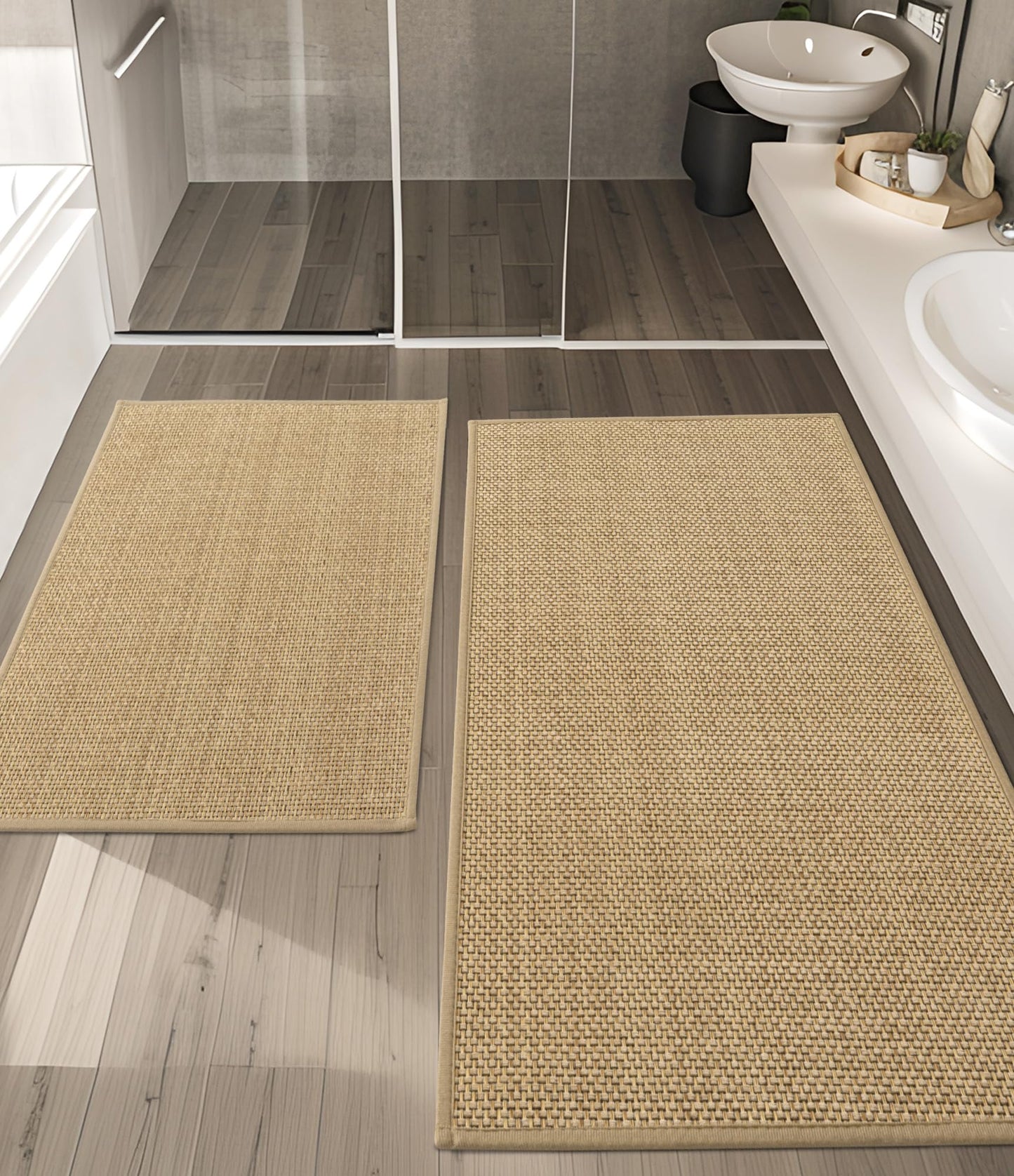 YIHOUSE Bathroom Rugs Sets 2 Pieces, Beige Ultra Thin Bath Mats Fit Under Door, Absorbent Quickly Dry Rubber Backing Braided Bath Mat Set, Non Slip Washable Bath Rugs for Bathroom Floor, Beige