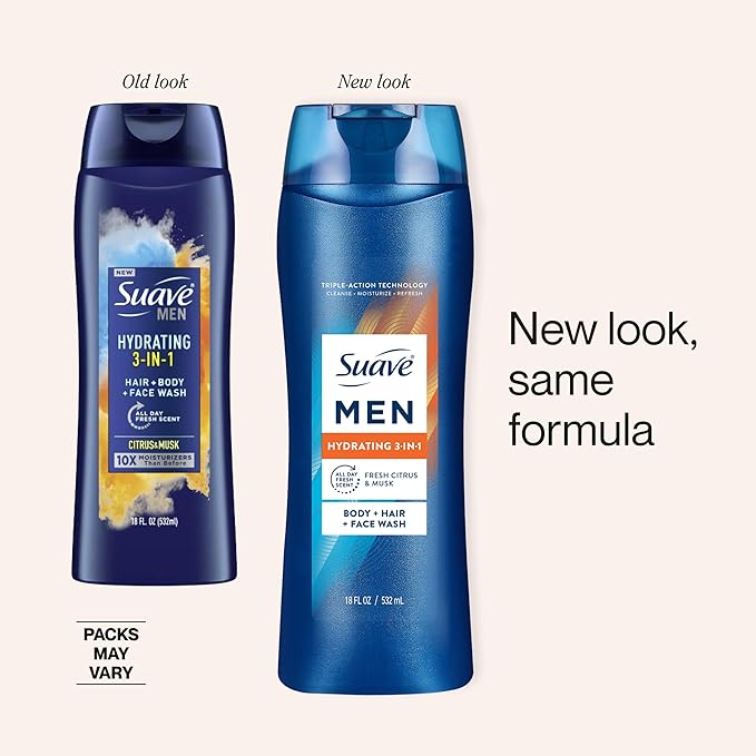 Suave Men Hydrating 3-in-1 Body + Hair + Face Wash with Glycerin & Vitamin E, Cleanse, Moisturize, Refresh, No Parabens or Pthalatates, Long-Lasting Fragrance, 18 FL OZ, 6 Count