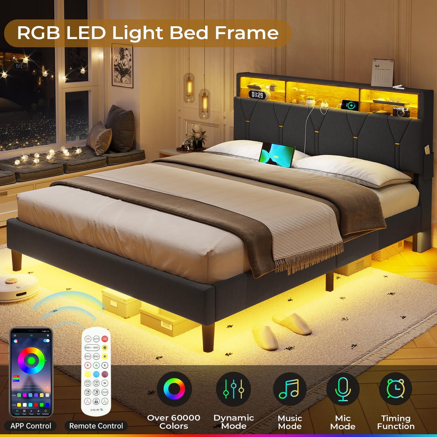 BTHFST Queen Bed Frame with Outlets and USB Ports, LED Bed Frame Queen Size with Storage Headboard, Upholstered Platform Bed with Shelf and LED Lights, No Box Spring Needed, Dark Grey