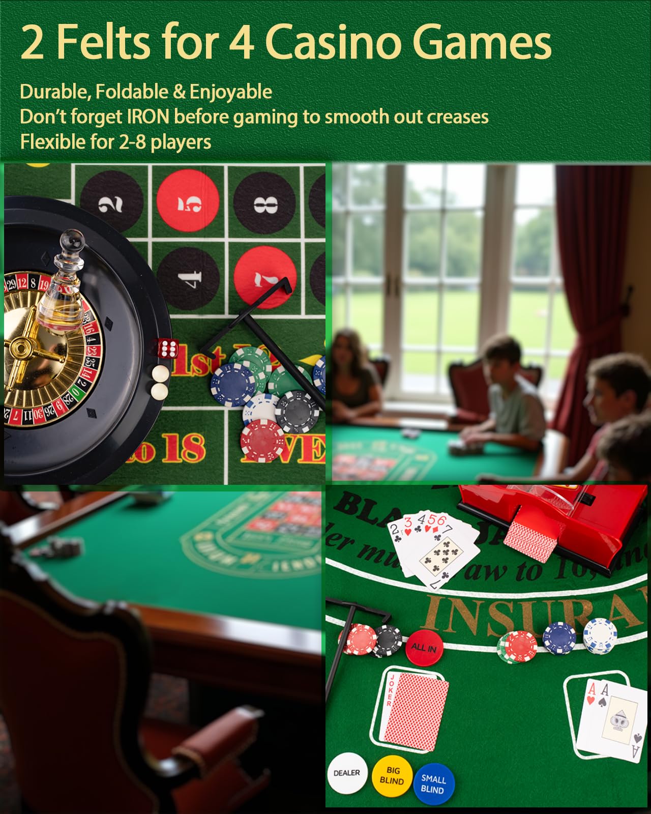 NYUUNYCOOR 5 in 1 Casino Game Complete Set: 250 Pro Poker Chips+Silent Card Shuffler, Blackjack+Roulette Wheel+Craps+Texas Holdem+Poker Kit,Table Game Mat+Playing Card+Dice+Casino Accessory