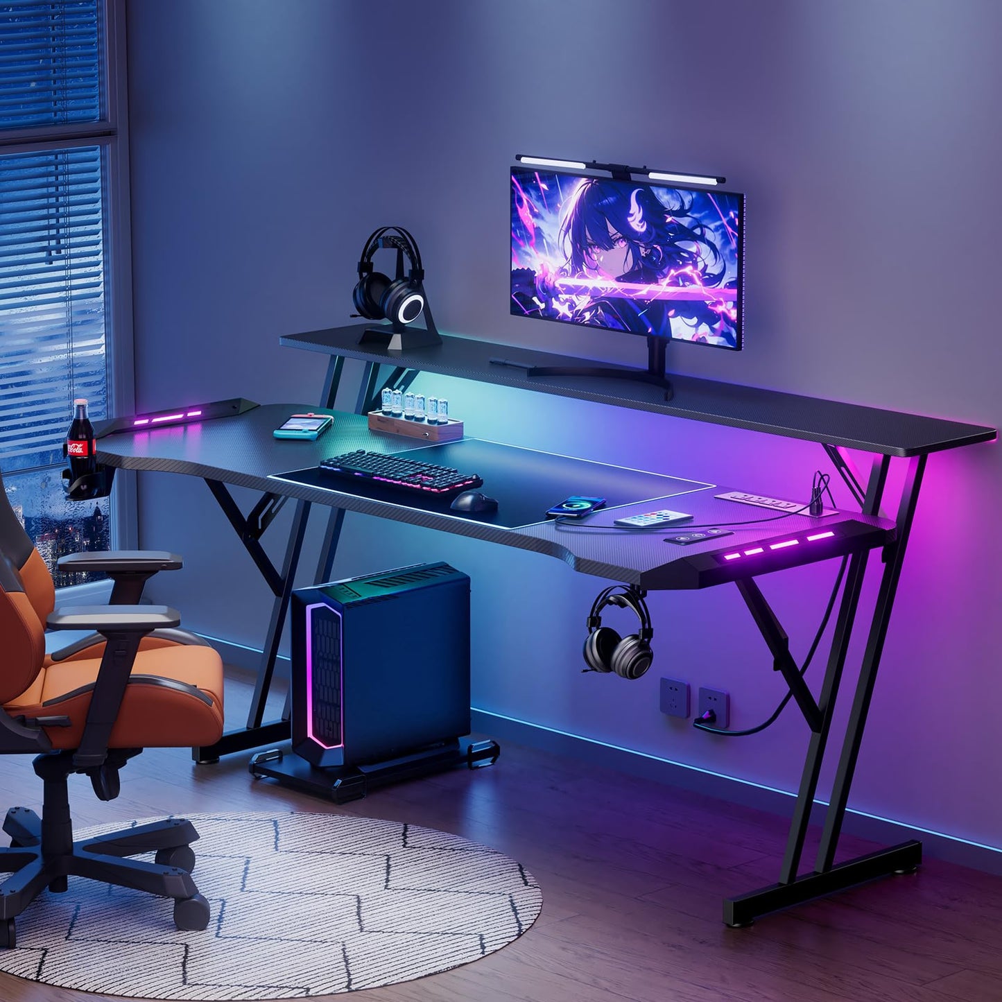 VidaTeco 63 Inch Smart Gaming Desk, Gamer Computer Desk with Phone-Controlled LED Lights & Mouse Pad, Power Outlet, Monitor Stand, Side Hook, Ergonomic Work Desks for Home Office, Carbon Fiber Black