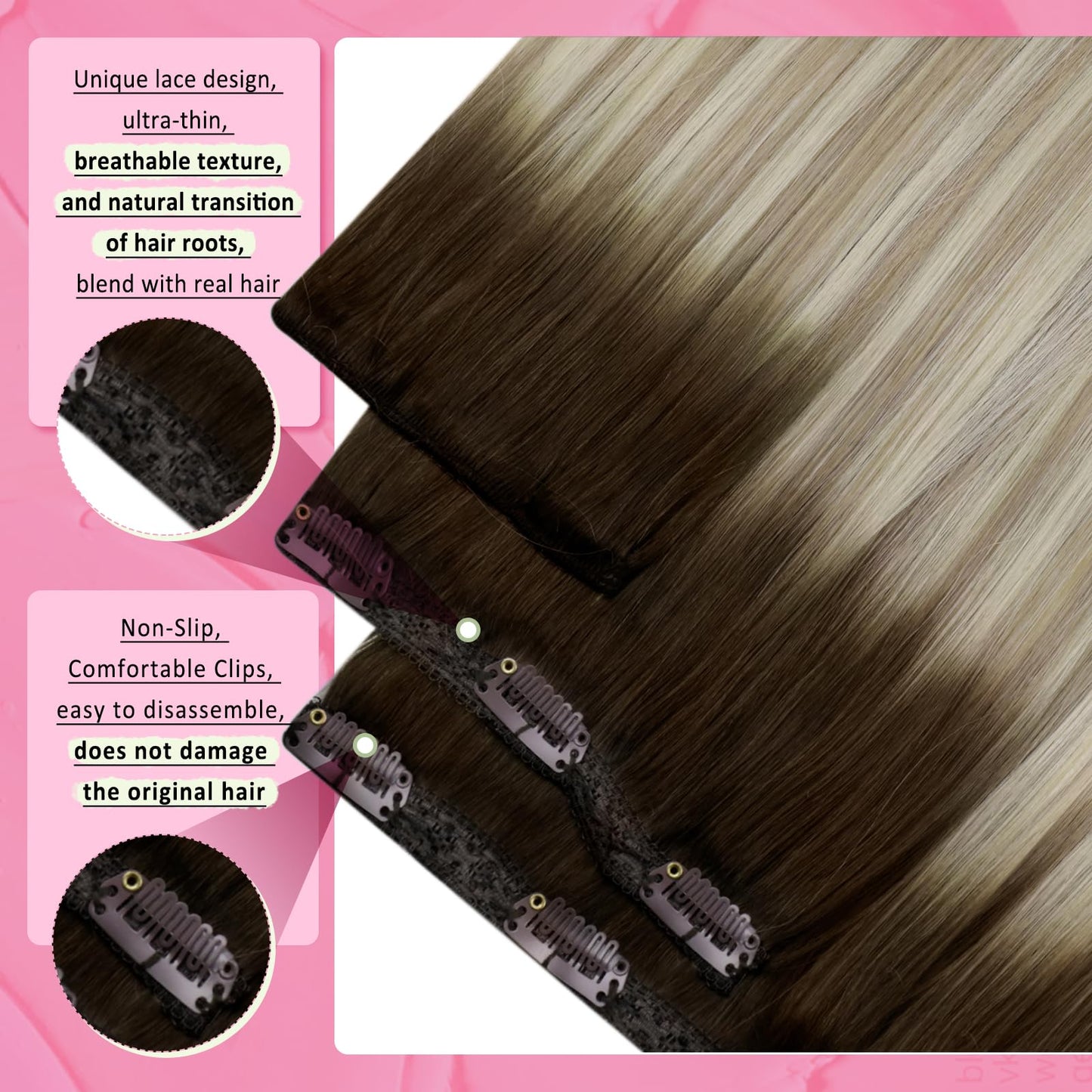 YoungSee 135G Clip in Human Hair Extension Ombre Clip in Real Hair Extension Dark Brown Ombre Golden Blonde Mix Platinum Blonde