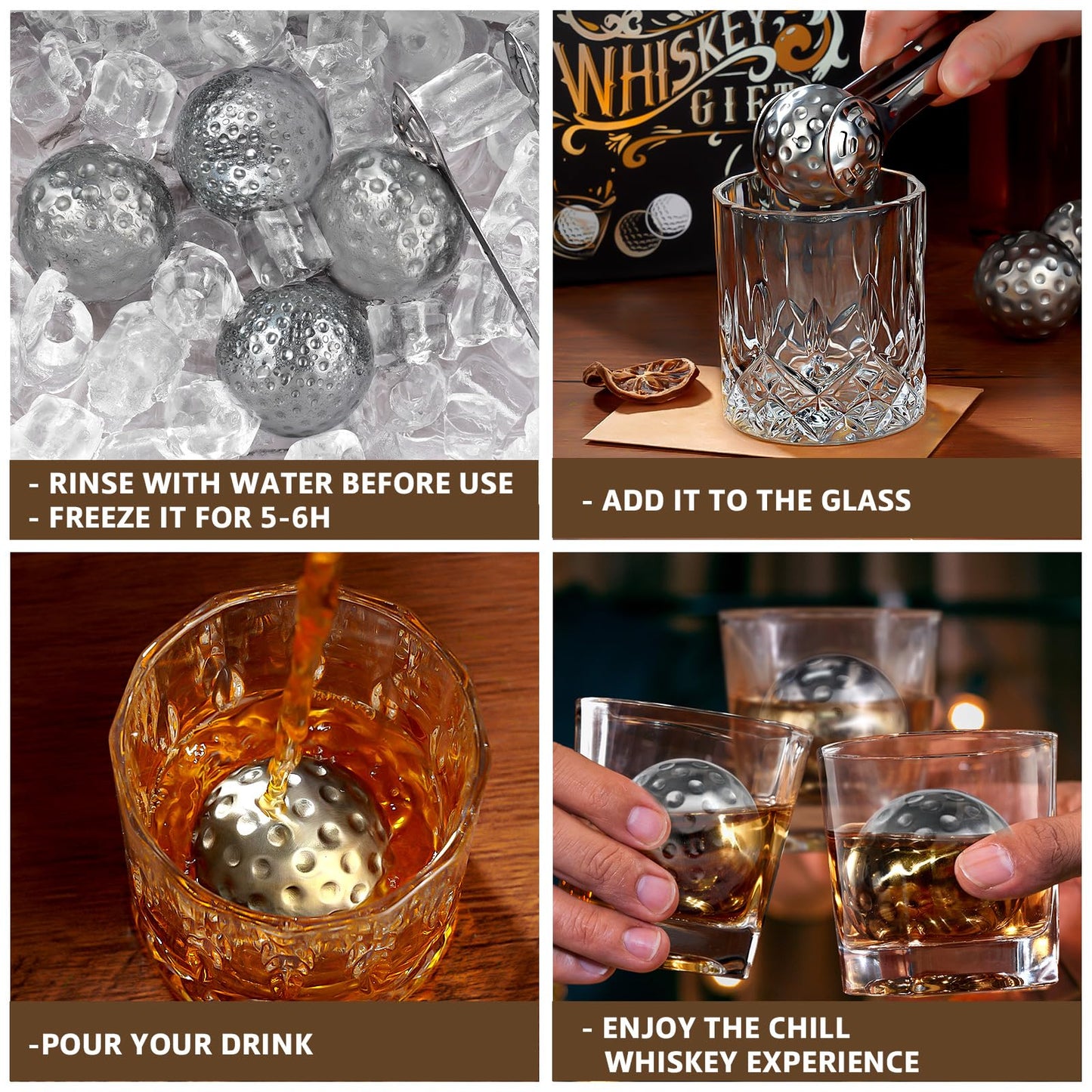 PONPUR Men's Golfer Gifts, Chirstmas Anniversary Birthday Gifts for Dad Him Husband, 4 Whiskey Golf Balls with 1 Tongs, Reusable Stainless Steel Golf Ice Balls Whiskey Gift for Golf Lover