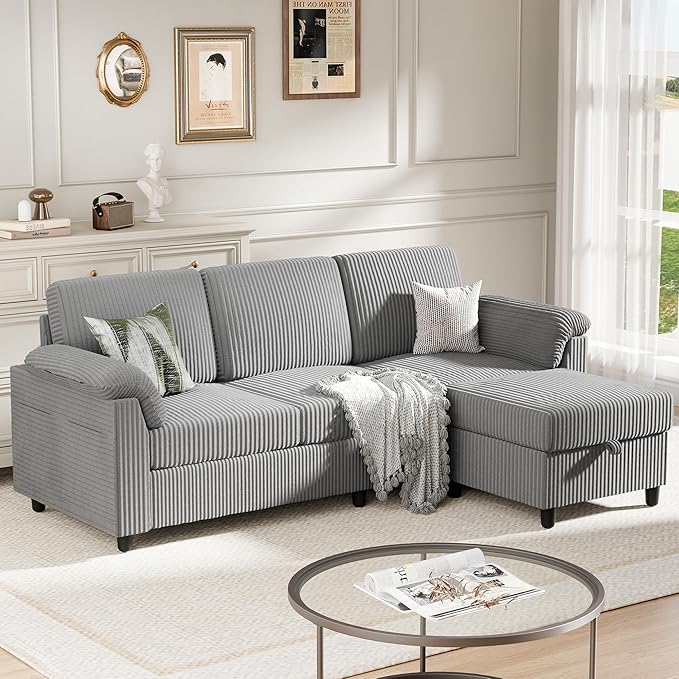 Meilocar Sectional Sofa Couch for Living Room, 79" Sectional Couches with Storage Ottoman, L Shaped Couch with Sloping Armrests Side Storage Pockage, 3-Seat Sofa Couches for Small Space, Light Grey