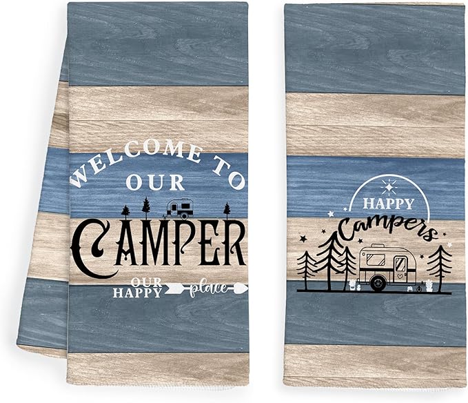WFSM Happy Camper Kitchen Towels Set of 2, Camping Decor, Dish Towels, Hand Towels, RV Decor, Gifts, 16x24 Inches