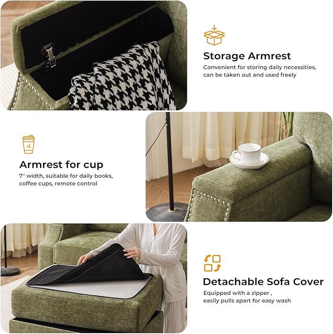 Rukefo 85" Sectional Sofa Couch with Storage Ottoman,L Shaped Couch with Armrest Organizer,3-Seater Sofa,Small Modular Couches for Living Room,Bedroom,Apartment,Chenille,Green