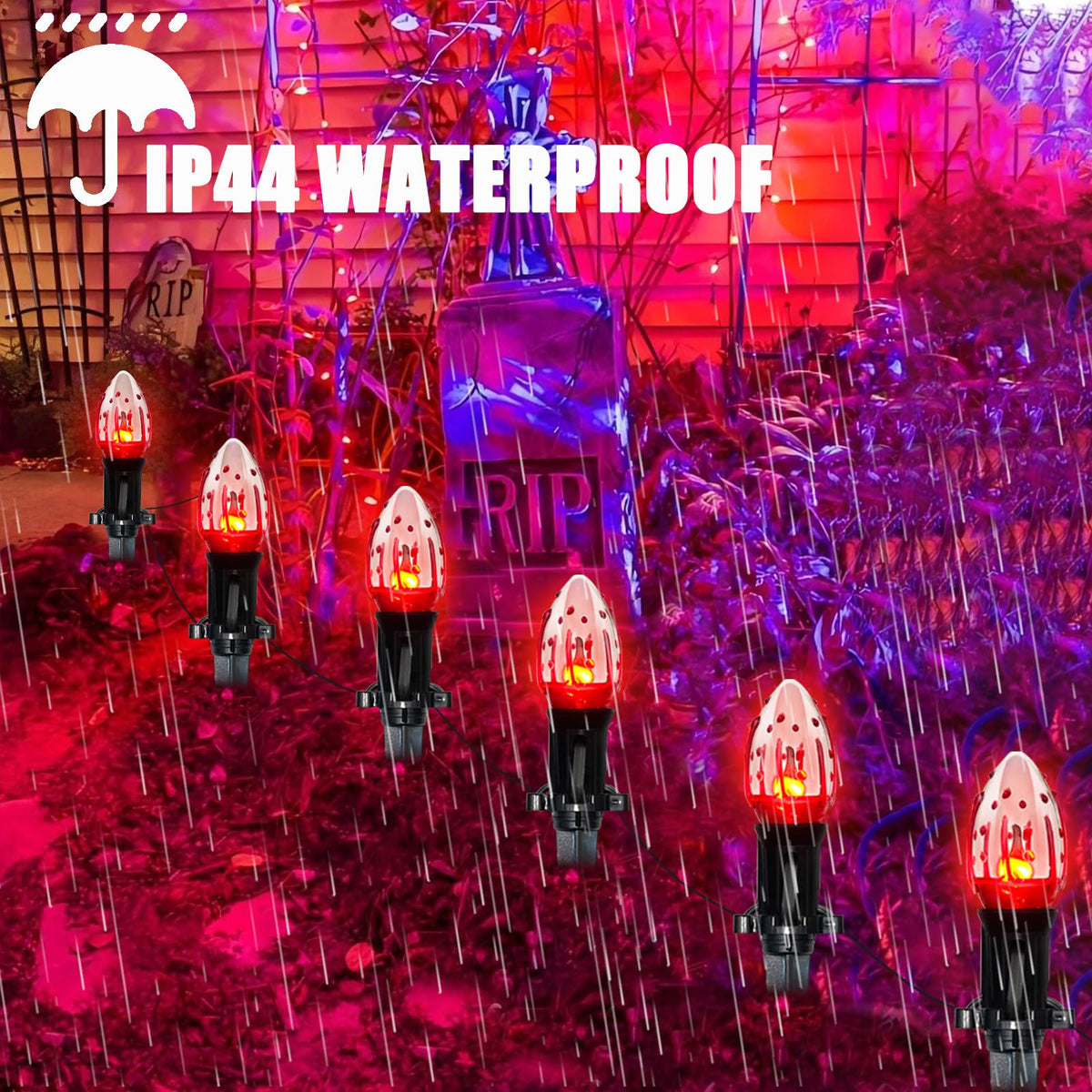 C9 Halloween Pathway Lights Outdoor, 38Ft Halloween Blood Teardrop Pathway String Lights with 25 C9 Flicker Flame Lights, Halloween Decoration Walkway Lights for Outdoor Pathways Gardens and Yards