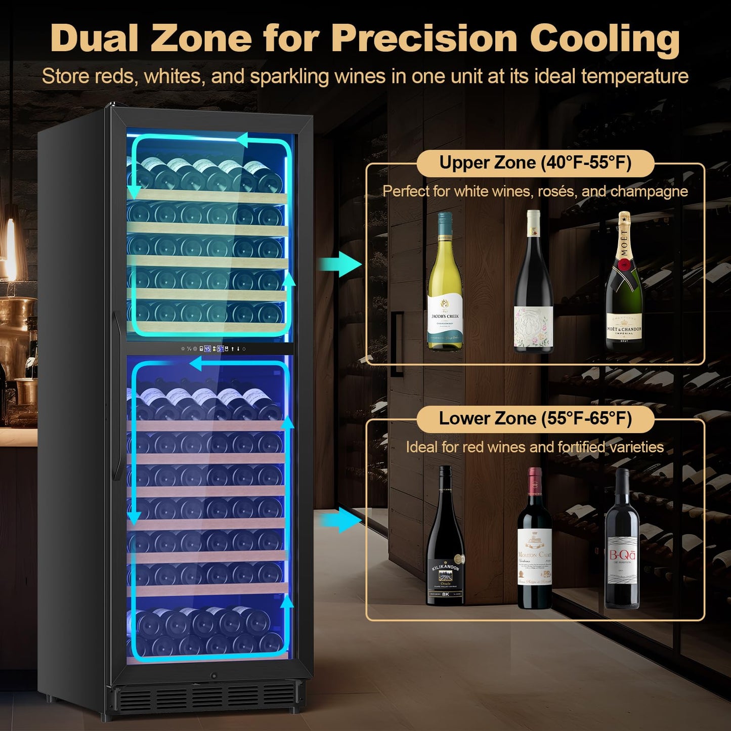 Velieta 24 Inch Dual Zone Wine Cooler Refrigerator, Large Capacity Freestanding/Built-in Upgraded Professional Wine Fridge with Powerful Compressor, Advanced Cooling System, Quiet Operation, Black
