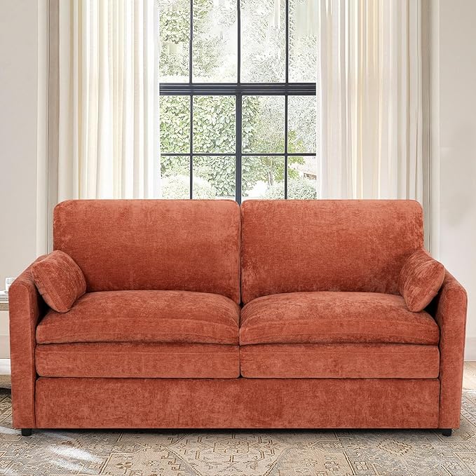 ACMEASE 69” Chenille Loveseat Sofa w/Arm Pillows, Upholstered 2-Seater Sofa w/Comfortable Back Cushions, Modern 2 Seats Couch w/High-Density Foam for Living Room, Apartment, Office, Orange