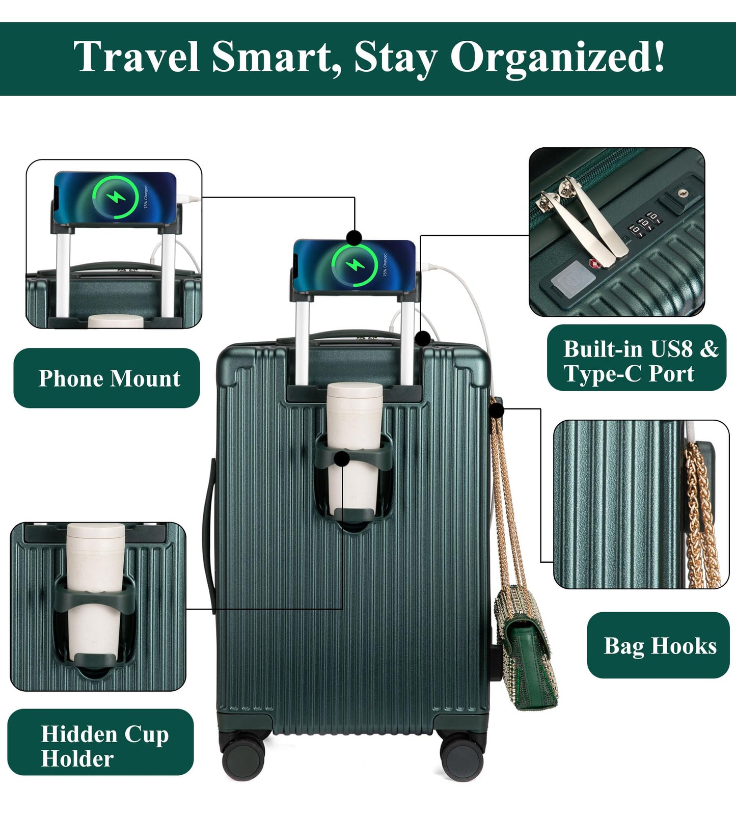 feilario 20in Hardside Spinner Wheel Luggage with Zipper Closure, Built-In TSA lock Carry on Suitcase, with Cup Holder & USB Port & Phone Holder White(with zipper closure, 20in)