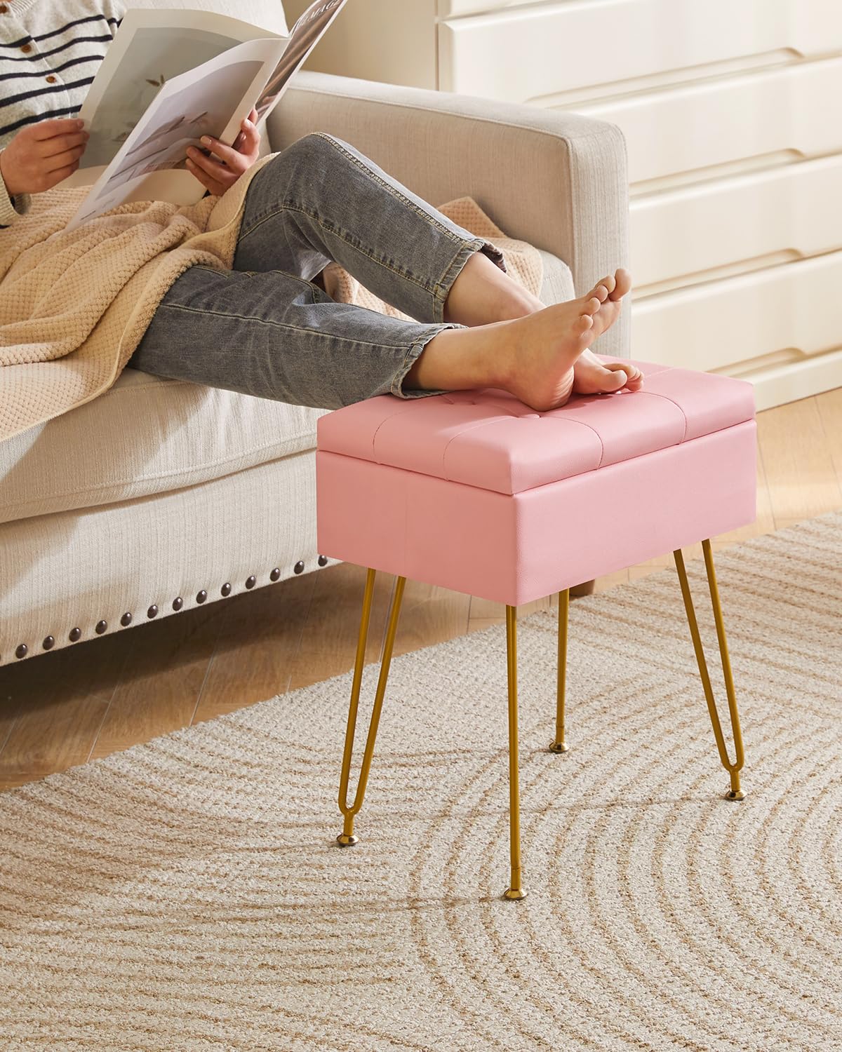 IBUYKE Multifunctional Storage Vanity Stool with Flip Tabletop, Adjustable Metal Legs & PU Leather - 40x30x48cm Ottoman Footrest for Makeup, Living Room, Entryway, Pink WBD014P