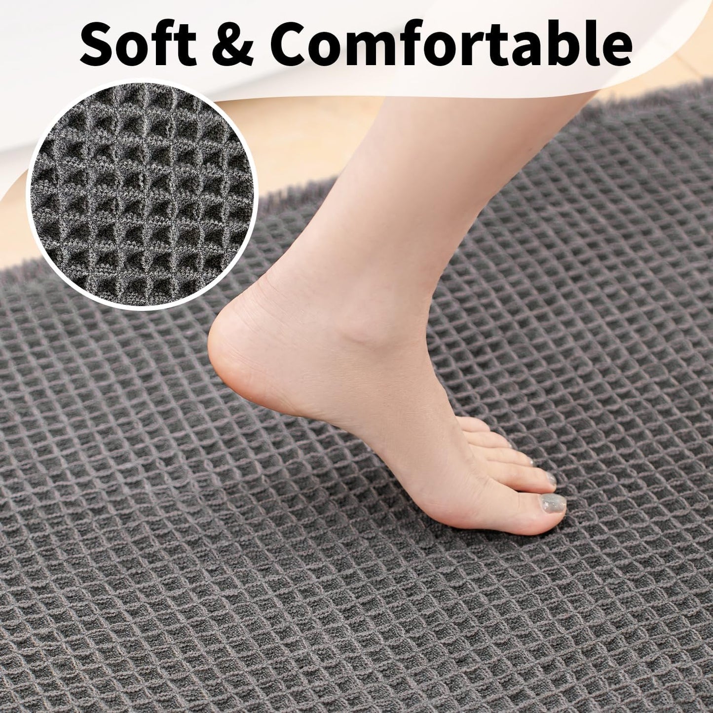Waffle Bath Mat - Boho Bathroom Rugs Non Slip Washable, Super Absorbent & Quick Dry, Soft Bath Mat Farmhouse Bathroom Decor, 20'' x 32'', Dark Grey