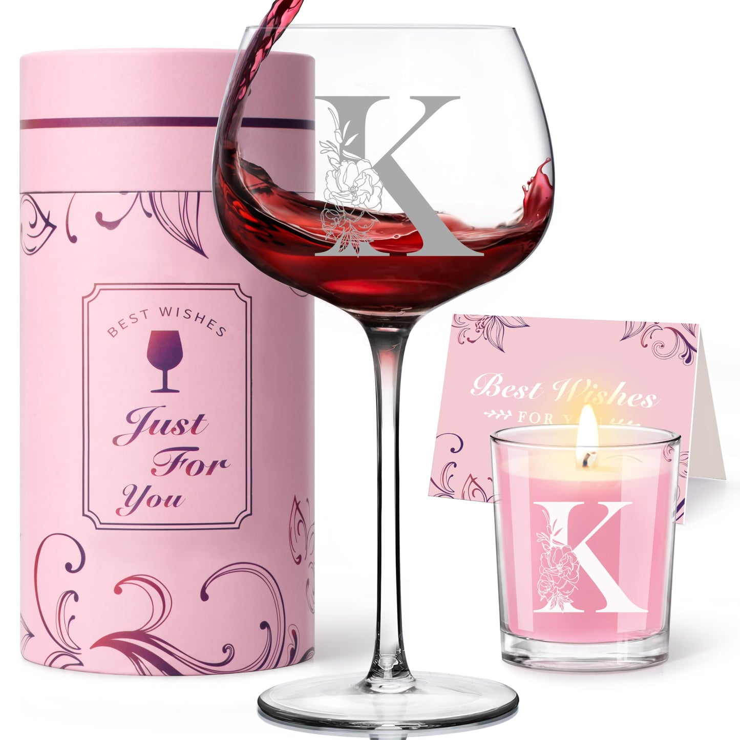 Personalized Gifts for Women - Customized Gift A-Z Wine Glass, Unique Birthday Gifts for Women, Christmas Basket Gift for Her, Mom, Wife, Sister, Friend, Nurse（K）